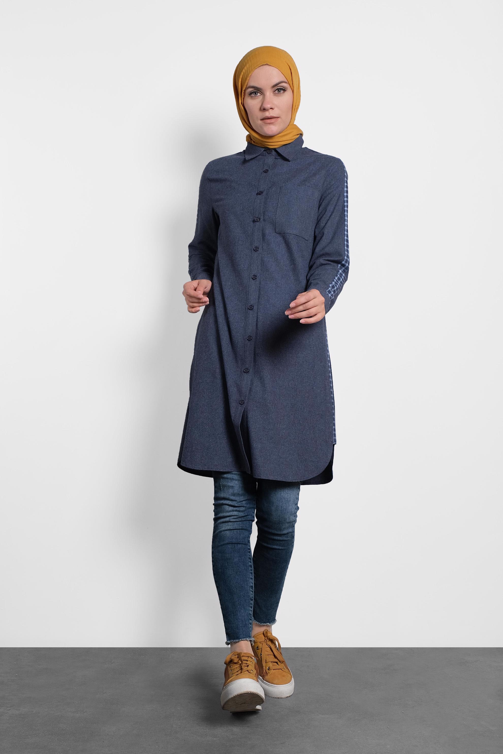 Tesettür giyim LACİVERT DÜĞMELİ GÖMLEK YAKA TUNİK 40212 