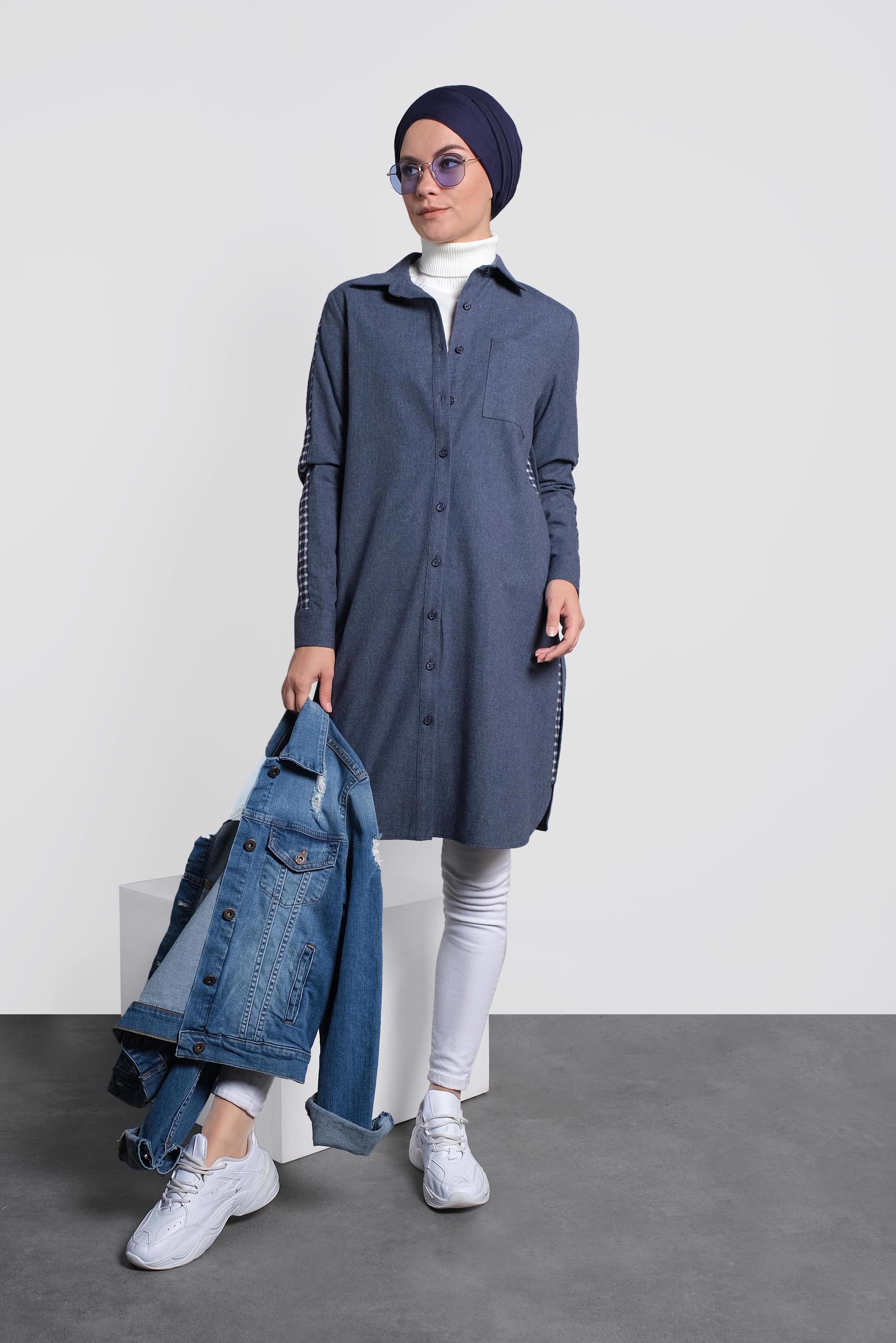 Tesettür giyim LACİVERT DÜĞMELİ GÖMLEK YAKA TUNİK 40212 