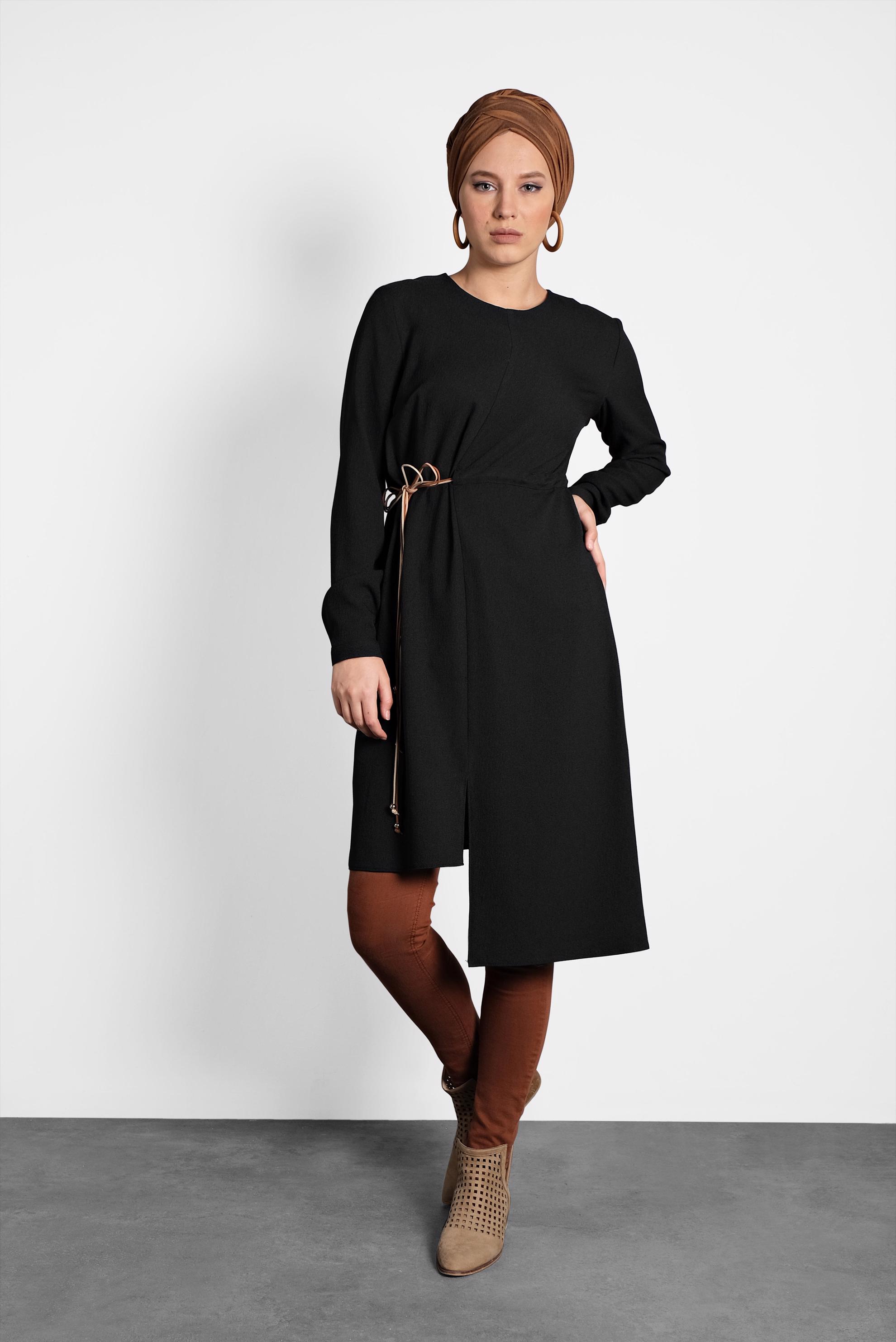 Tesettür giyim SİYAH ASİMETRİK TUNİK 40237