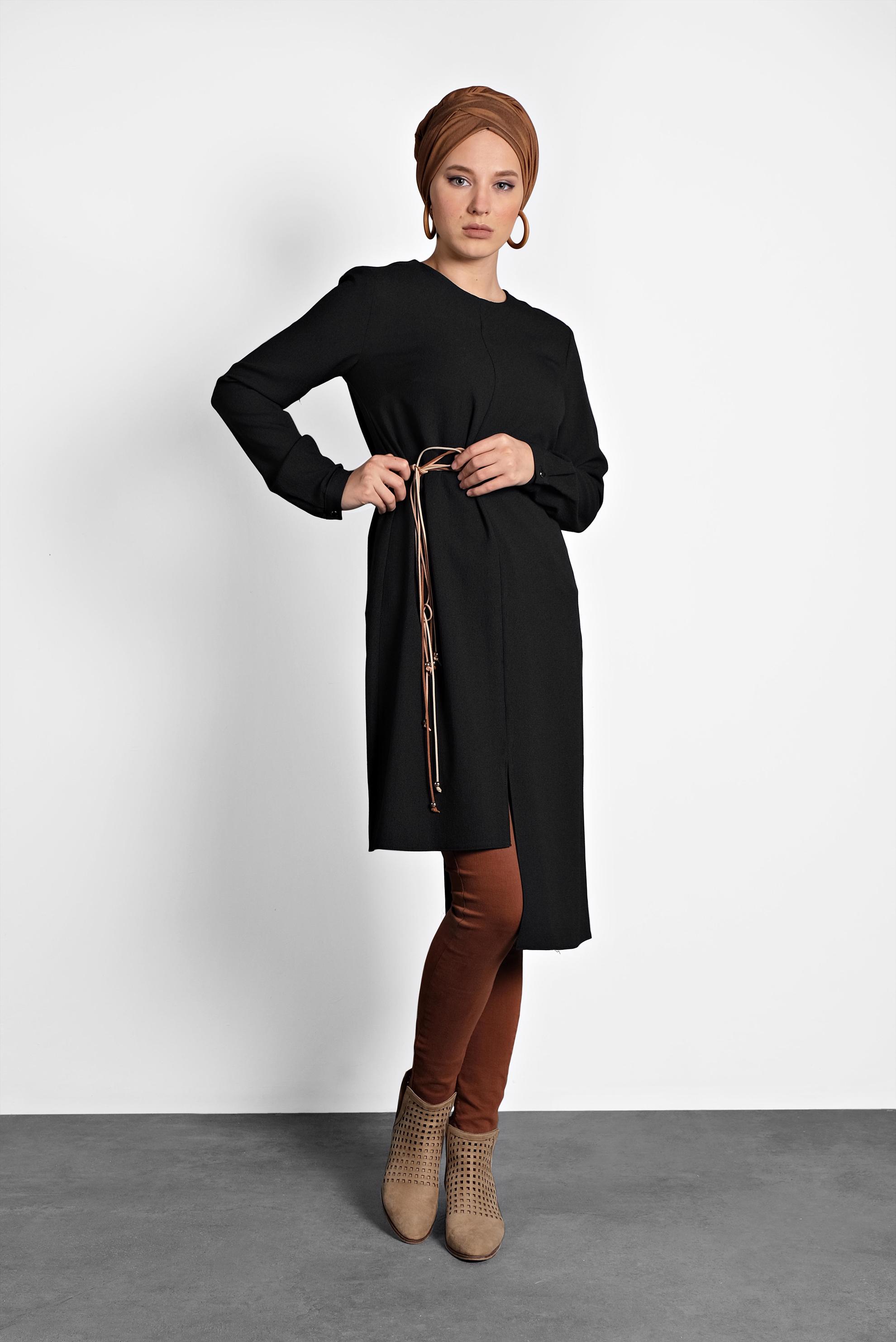 Tesettür giyim SİYAH ASİMETRİK TUNİK 40237