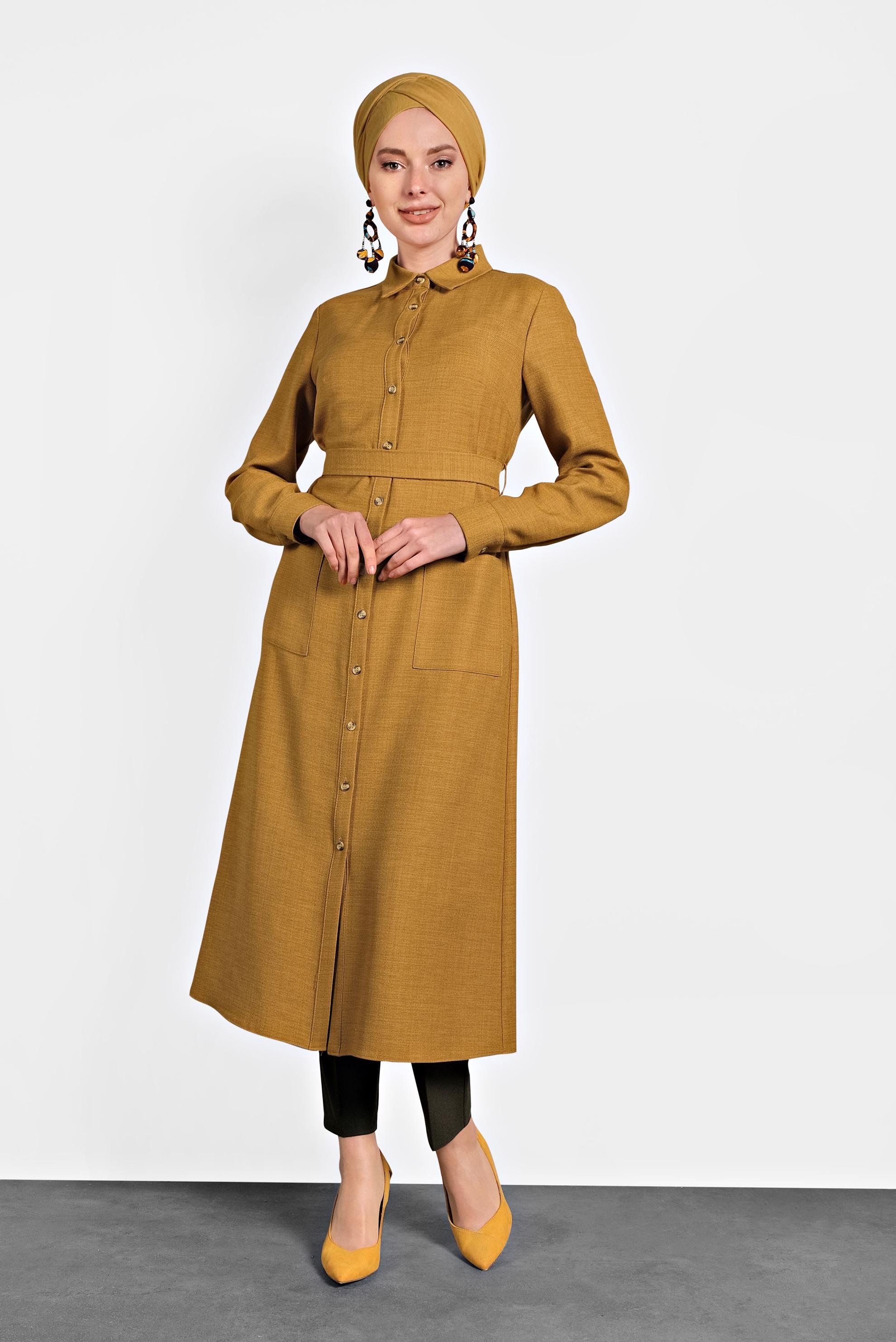 Tesettür giyim SARI DÜĞMELİ CEPLİ TUNİK 40256