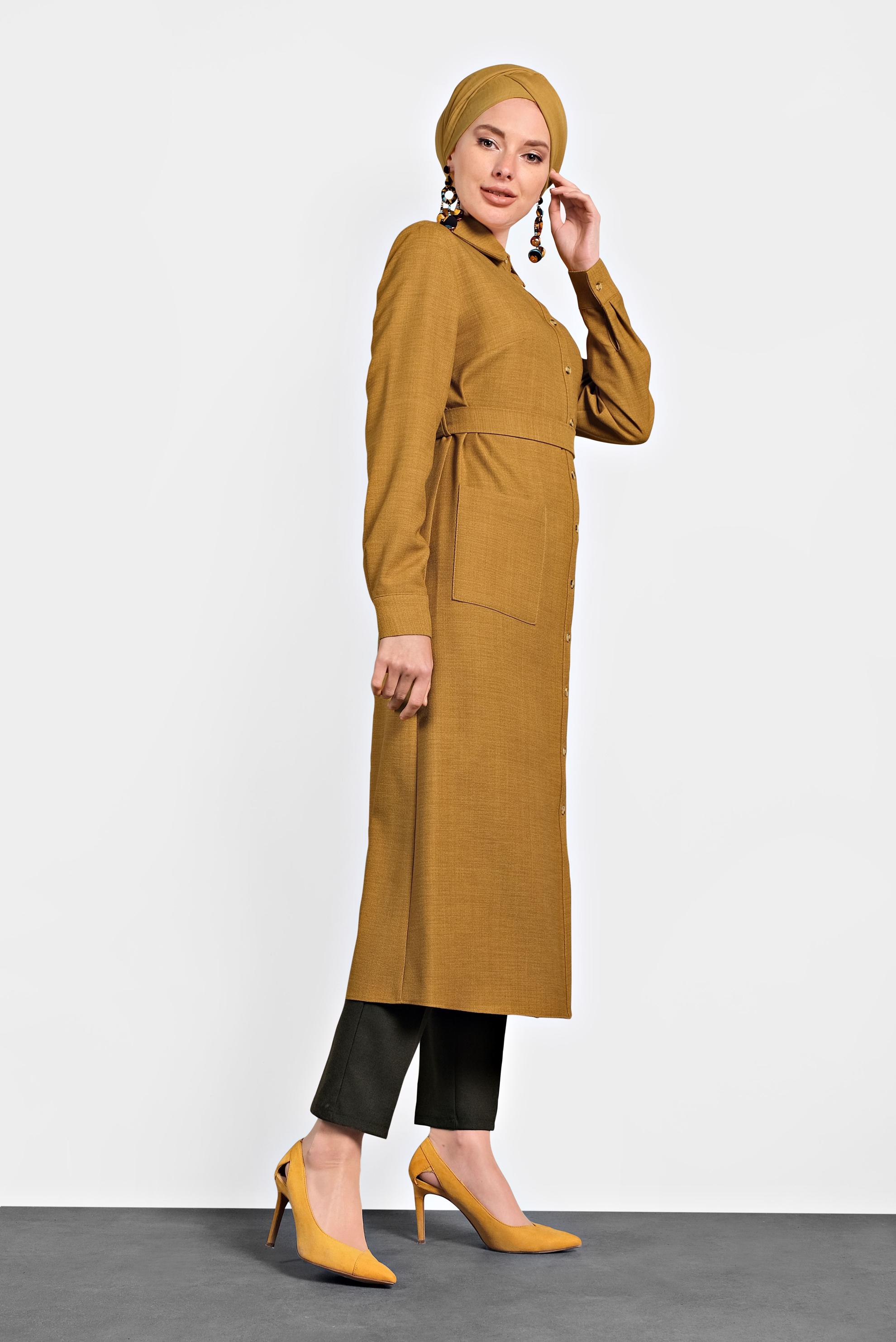 Tesettür giyim SARI DÜĞMELİ CEPLİ TUNİK 40256