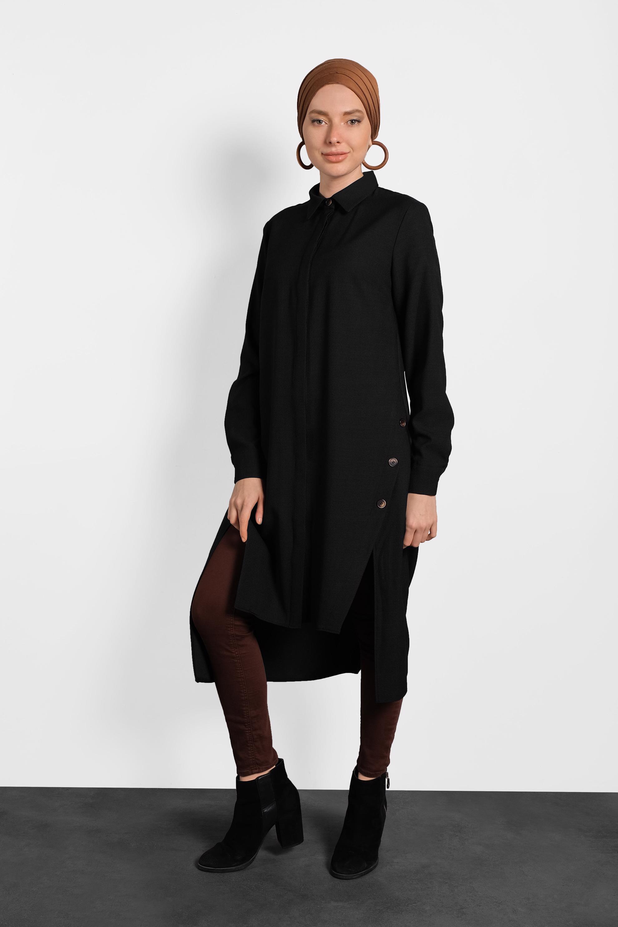 Tesettür giyim SİYAH YIRTMAÇLI GİZLİ DÜĞMELİ TUNİK 40257