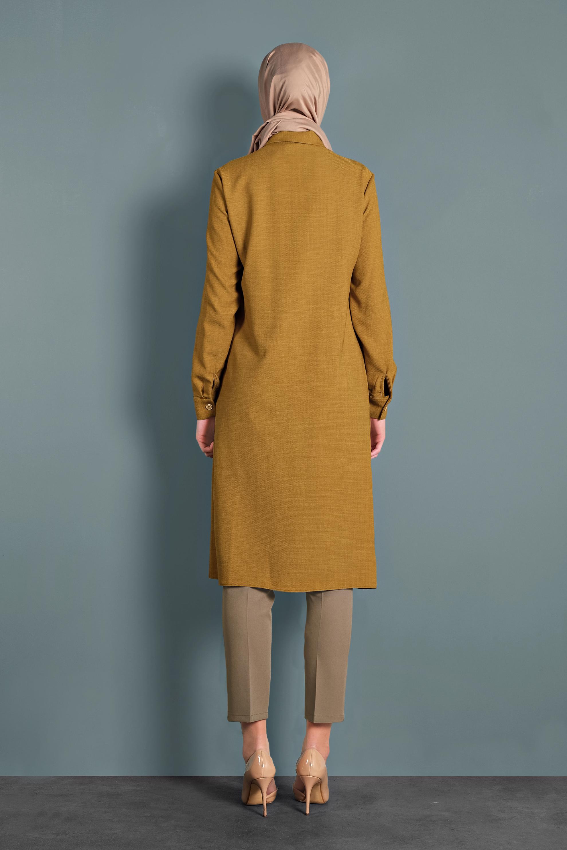 Tesettür giyim SARI YIRTMAÇLI GİZLİ DÜĞMELİ TUNİK 40257