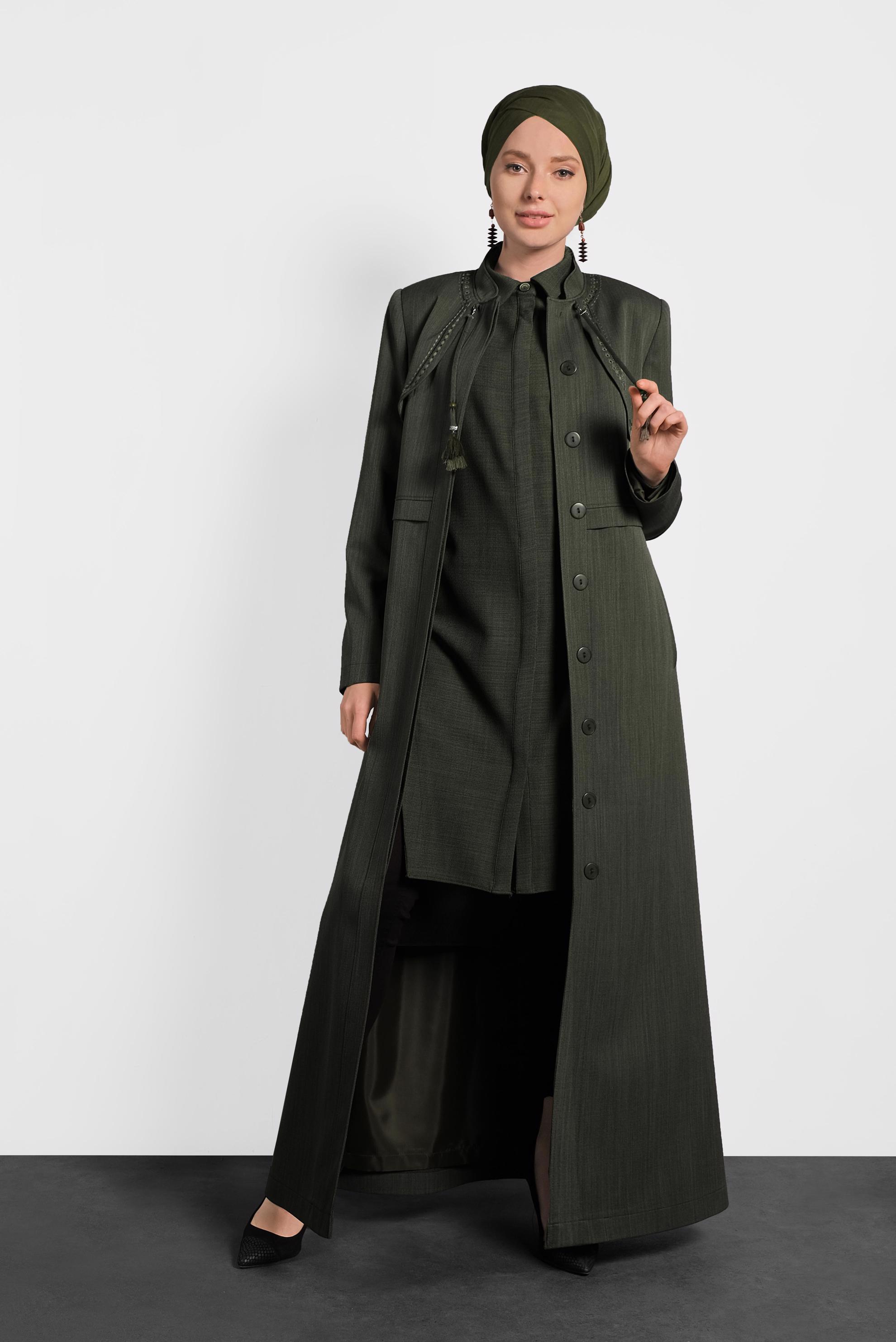 Tesettür giyim HAKİ YIRTMAÇLI GİZLİ DÜĞMELİ TUNİK 40257