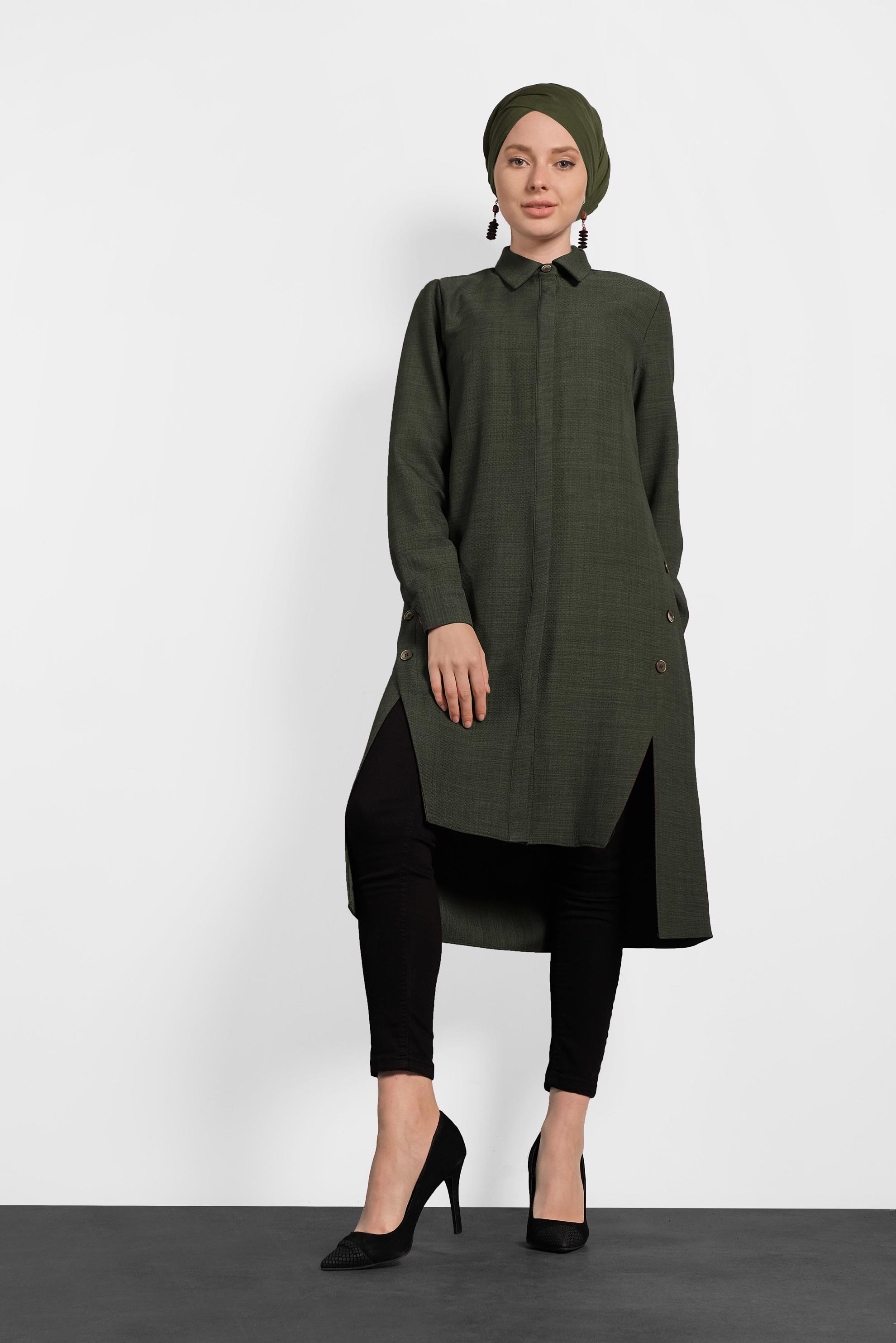 Tesettür giyim HAKİ YIRTMAÇLI GİZLİ DÜĞMELİ TUNİK 40257