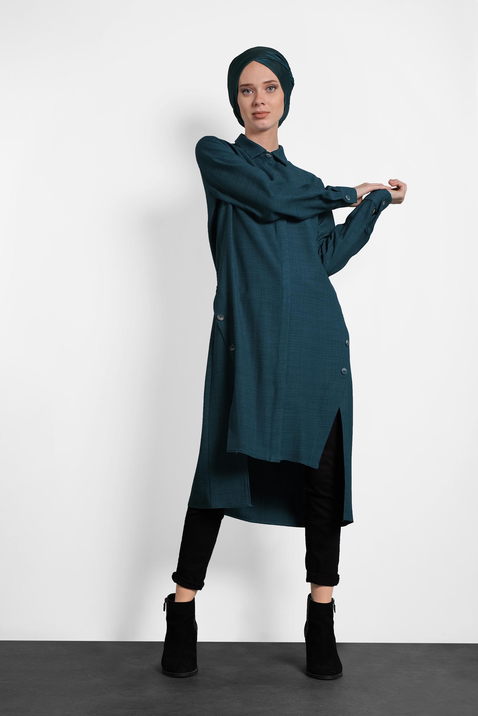 Tesettür giyim MAVİ YIRTMAÇLI GİZLİ DÜĞMELİ TUNİK 40257