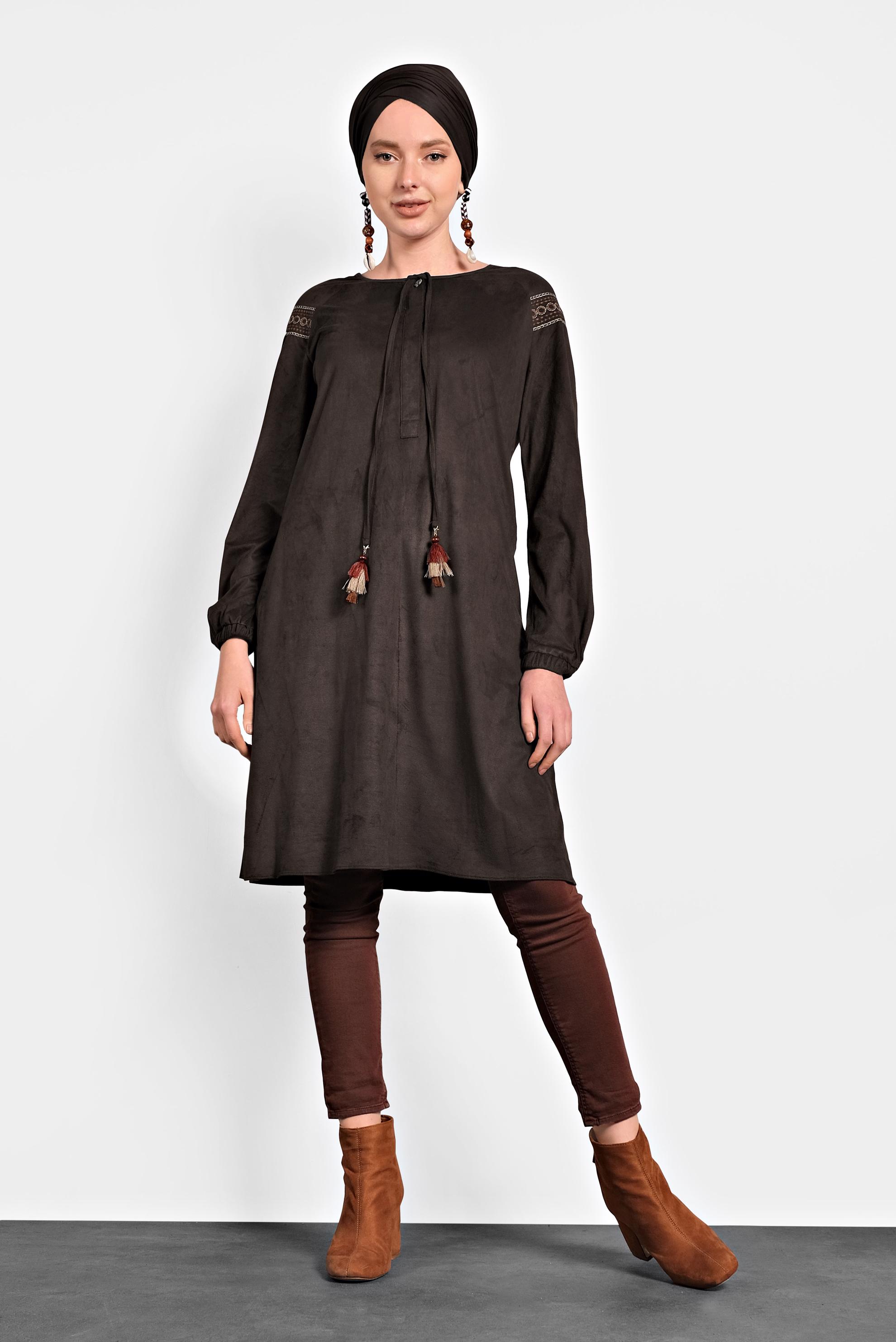 Tesettür giyim KAHVE YAKASI BAĞCIKLI TUNİK 40263 