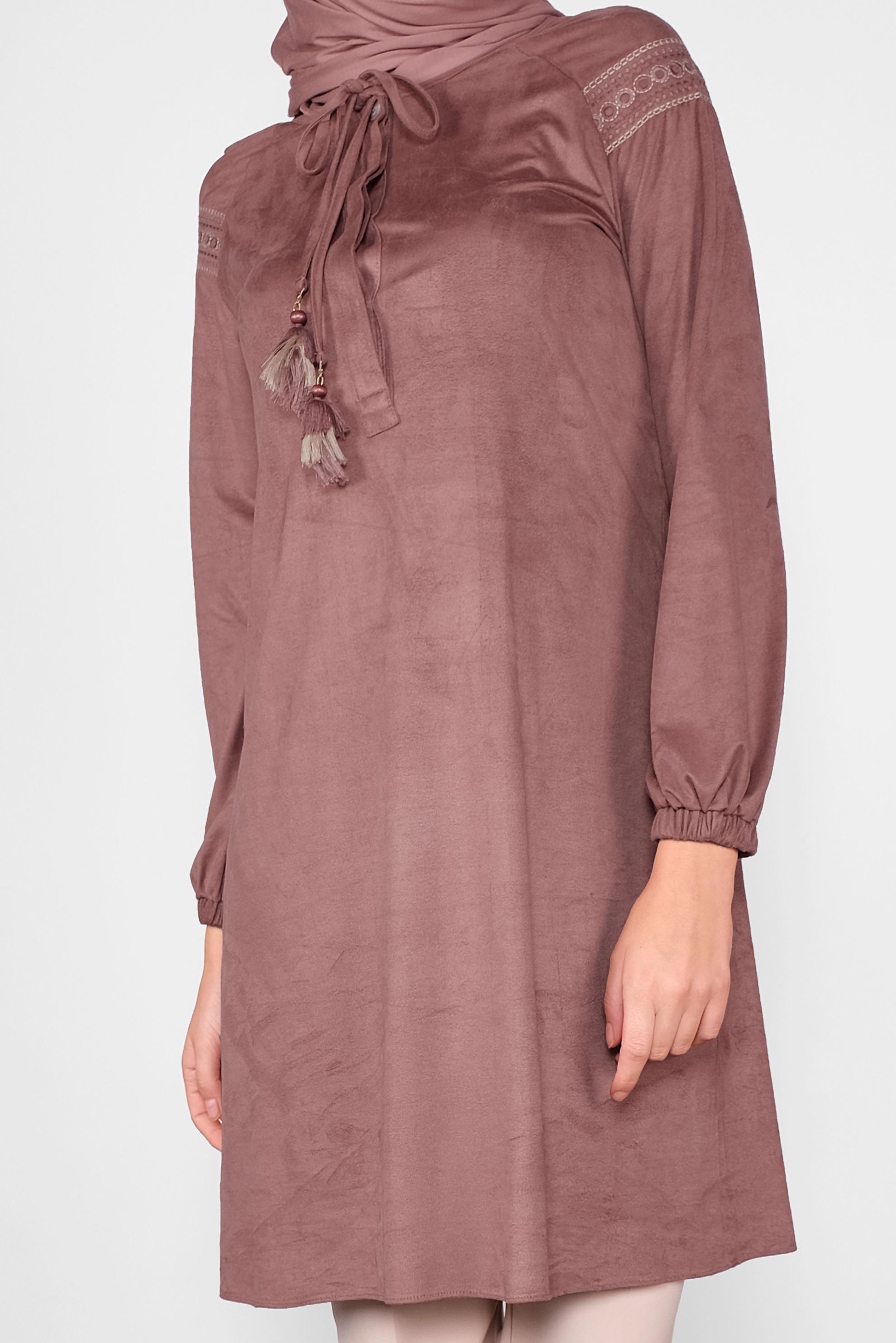 Tesettür giyim PUDRA YAKASI BAĞCIKLI TUNİK 40263 