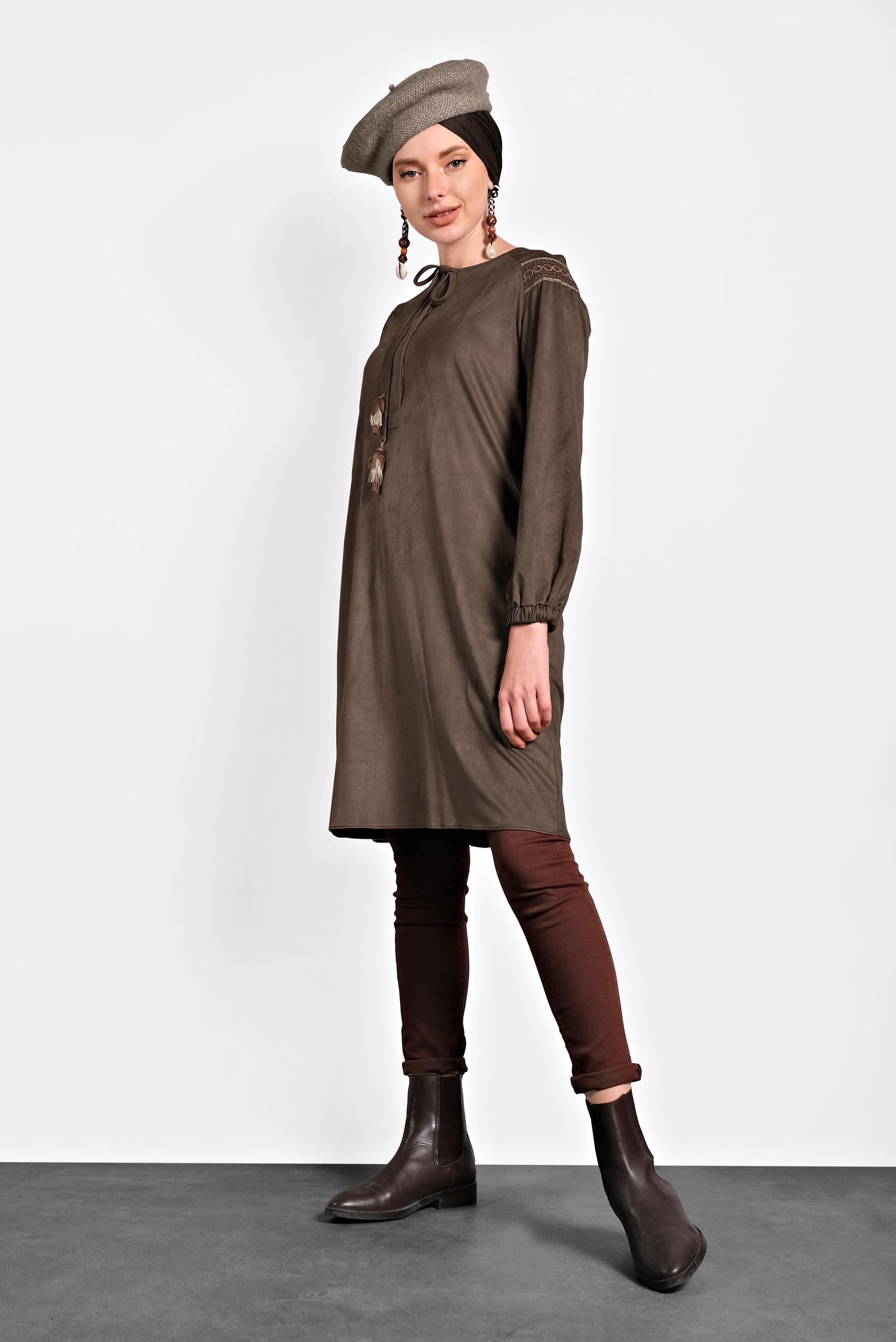 Tesettür giyim VİZON YAKASI BAĞCIKLI TUNİK 40263 