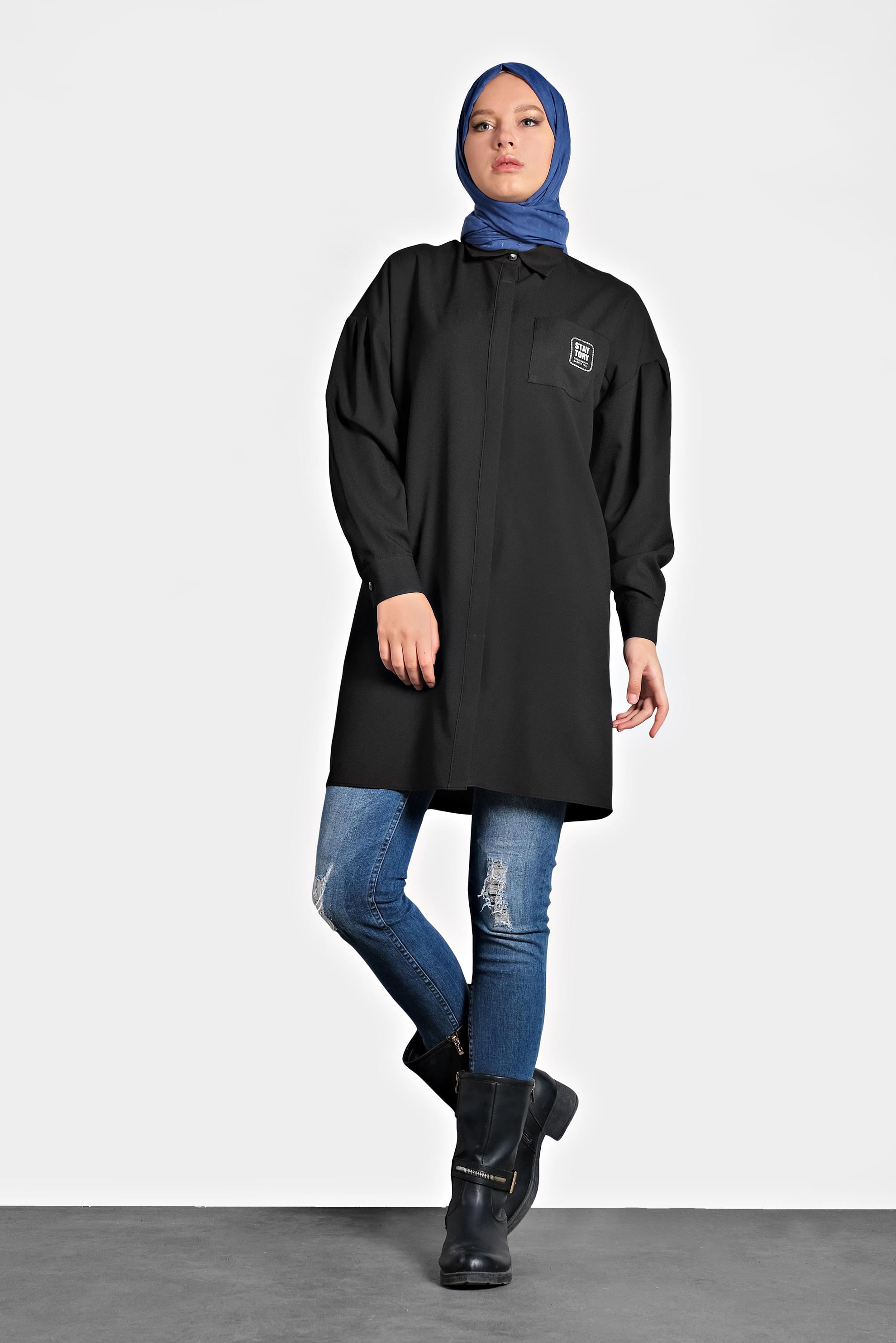 Tesettür giyim SİYAH DÜĞMELİ TUNİK 40277 
