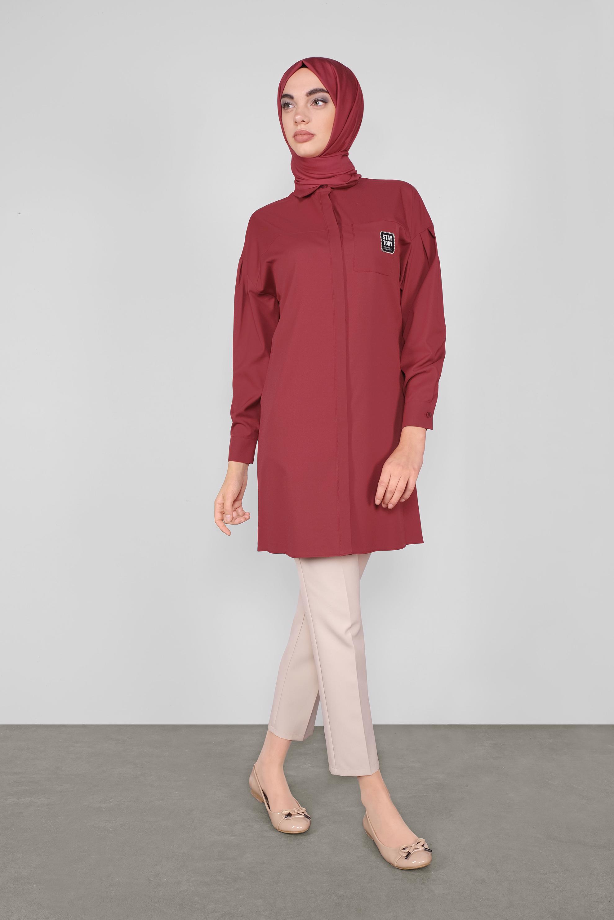 Tesettür giyim BORDO DÜĞMELİ TUNİK 40277 