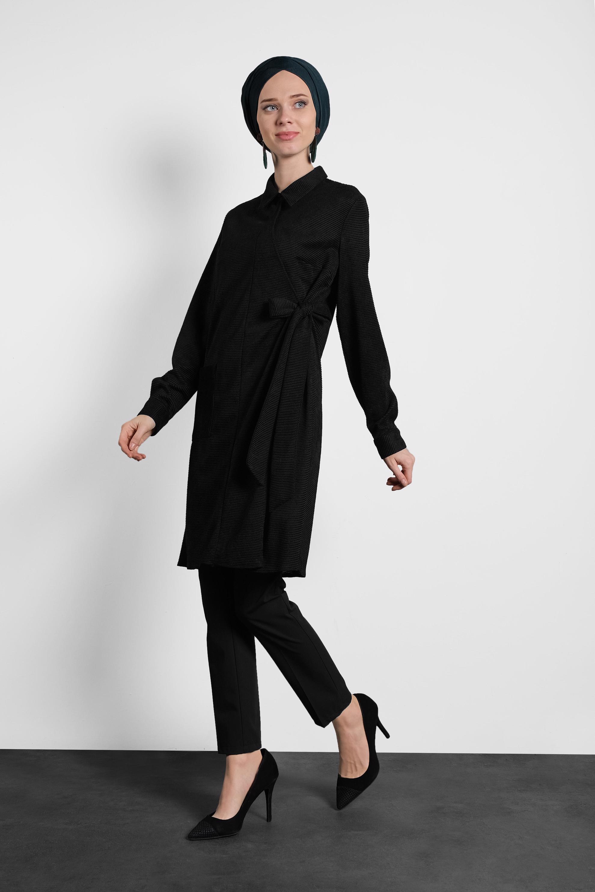 Tesettür giyim SİYAH ÇAPRAZ KADİFE TUNİK 40282 