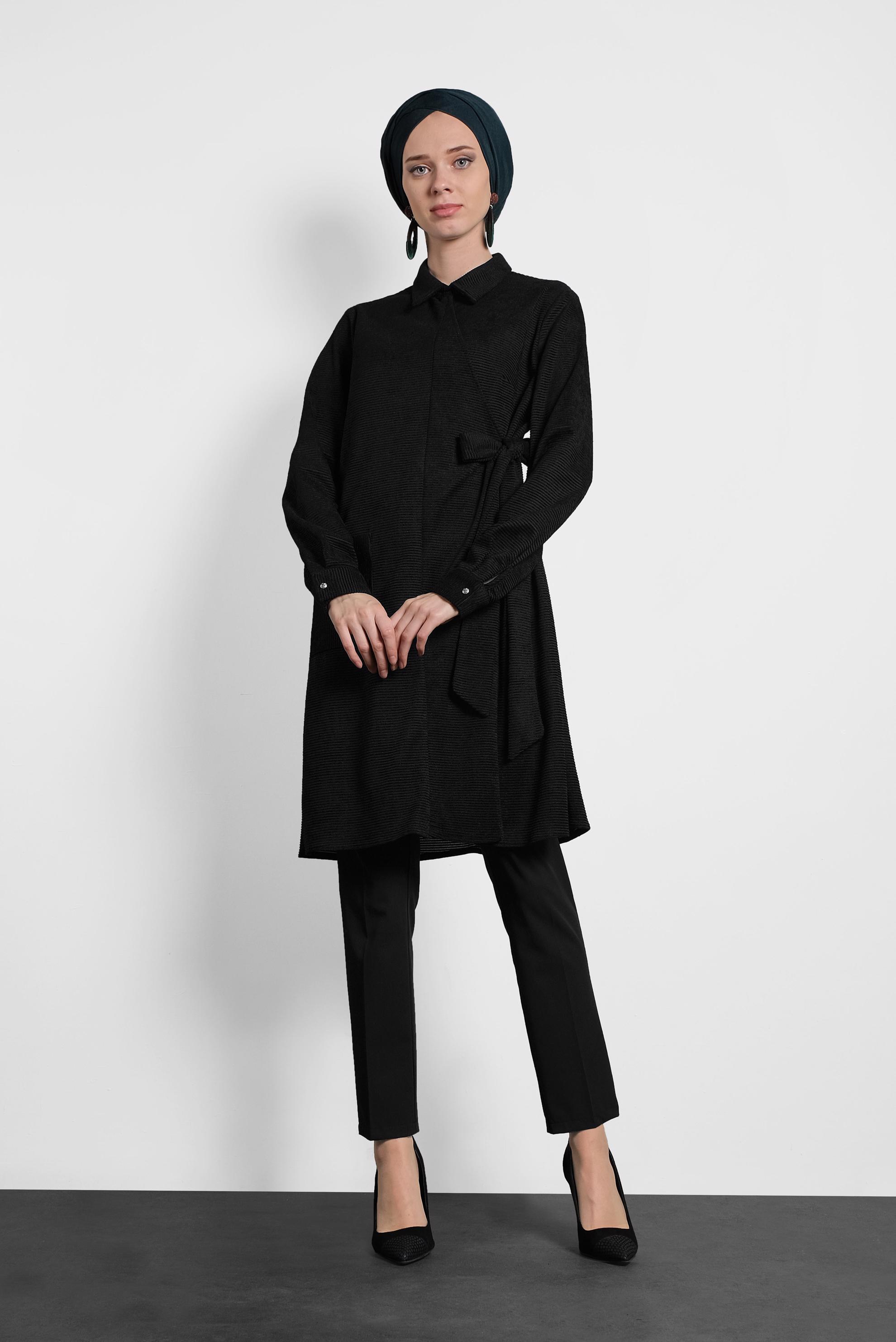 Tesettür giyim SİYAH ÇAPRAZ KADİFE TUNİK 40282 