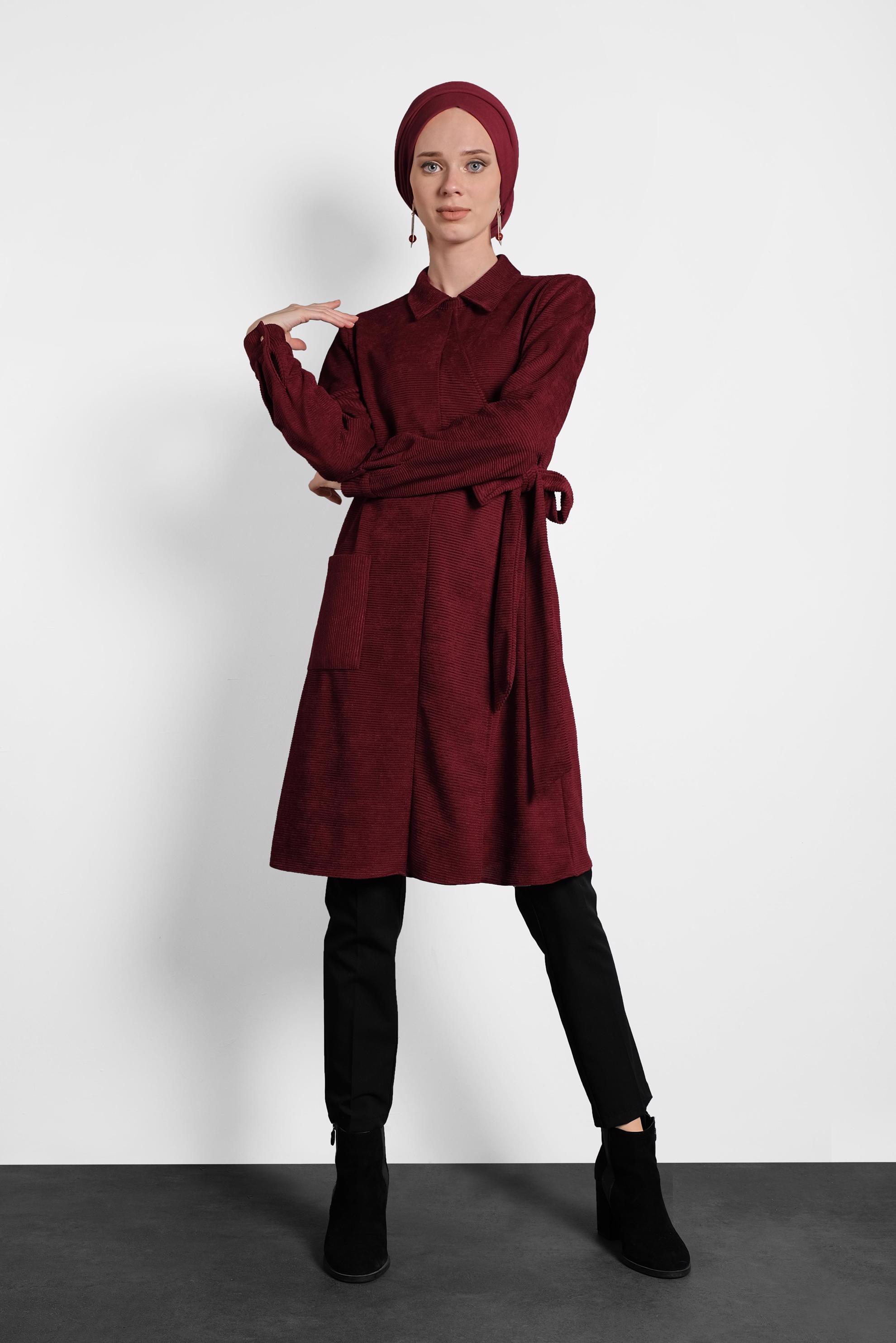 Tesettür giyim BORDO ÇAPRAZ KADİFE TUNİK 40282 