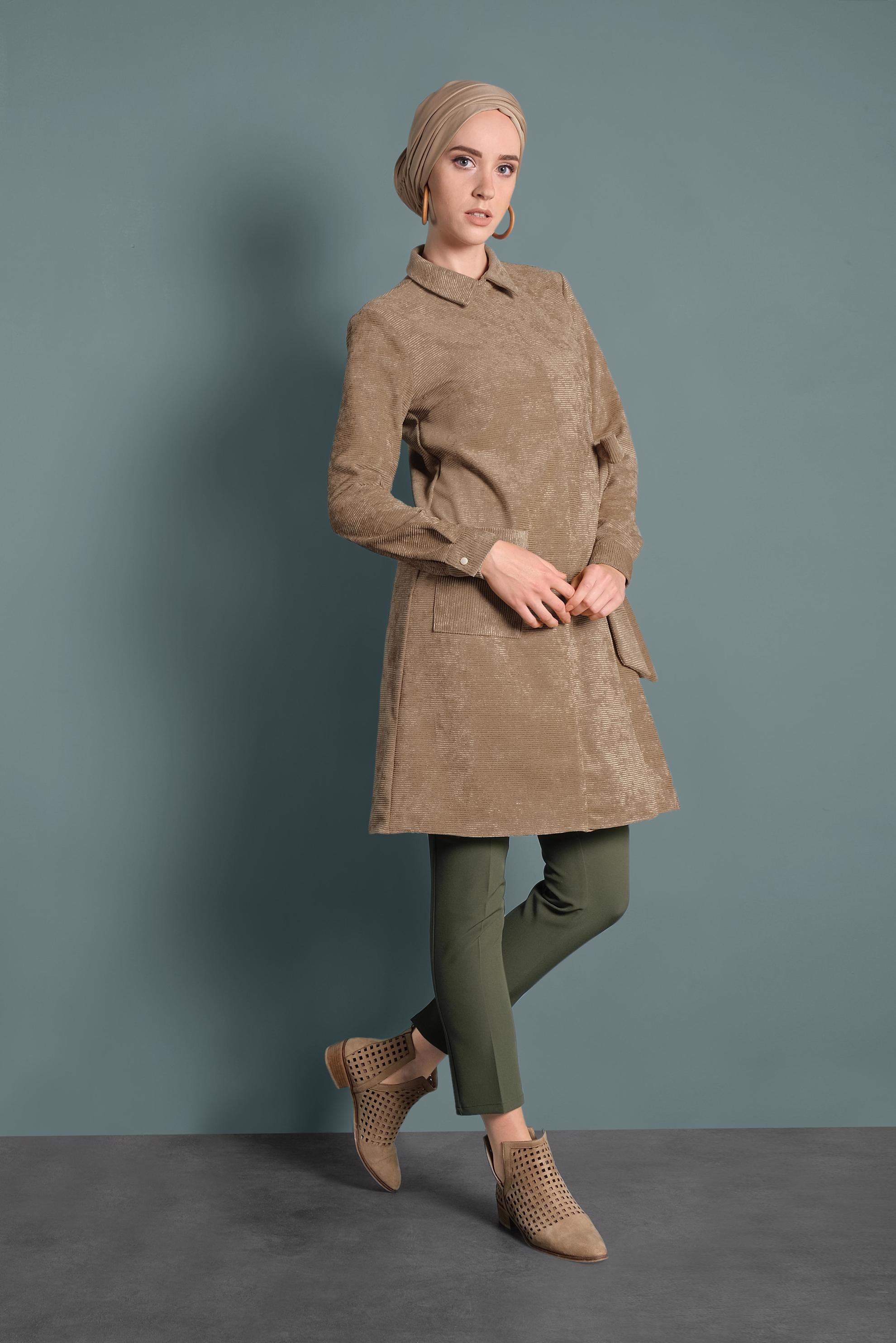 Tesettür giyim KAHVE ÇAPRAZ KADİFE TUNİK 40282 