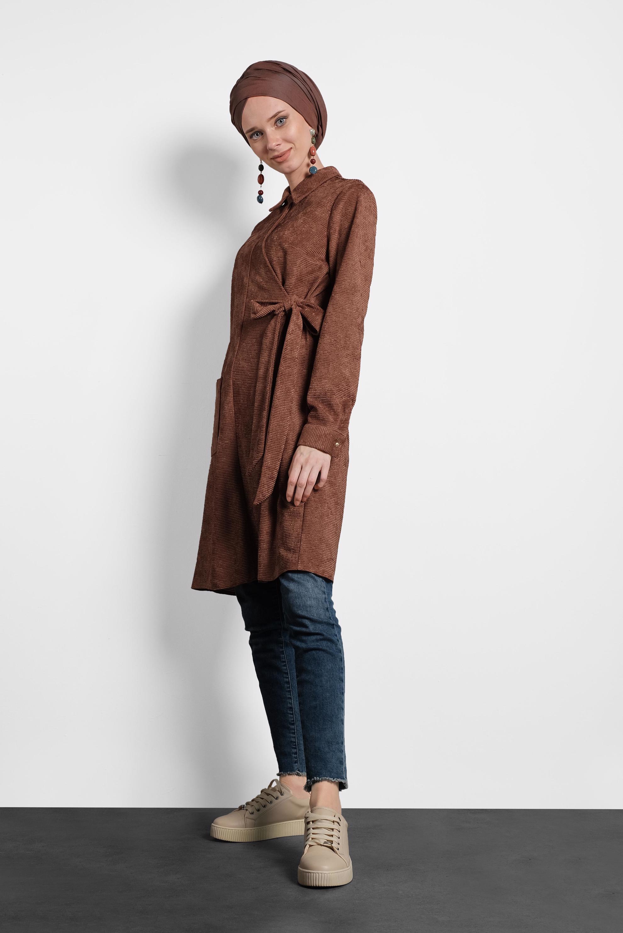 Tesettür giyim TURUNCU ÇAPRAZ KADİFE TUNİK 40282 