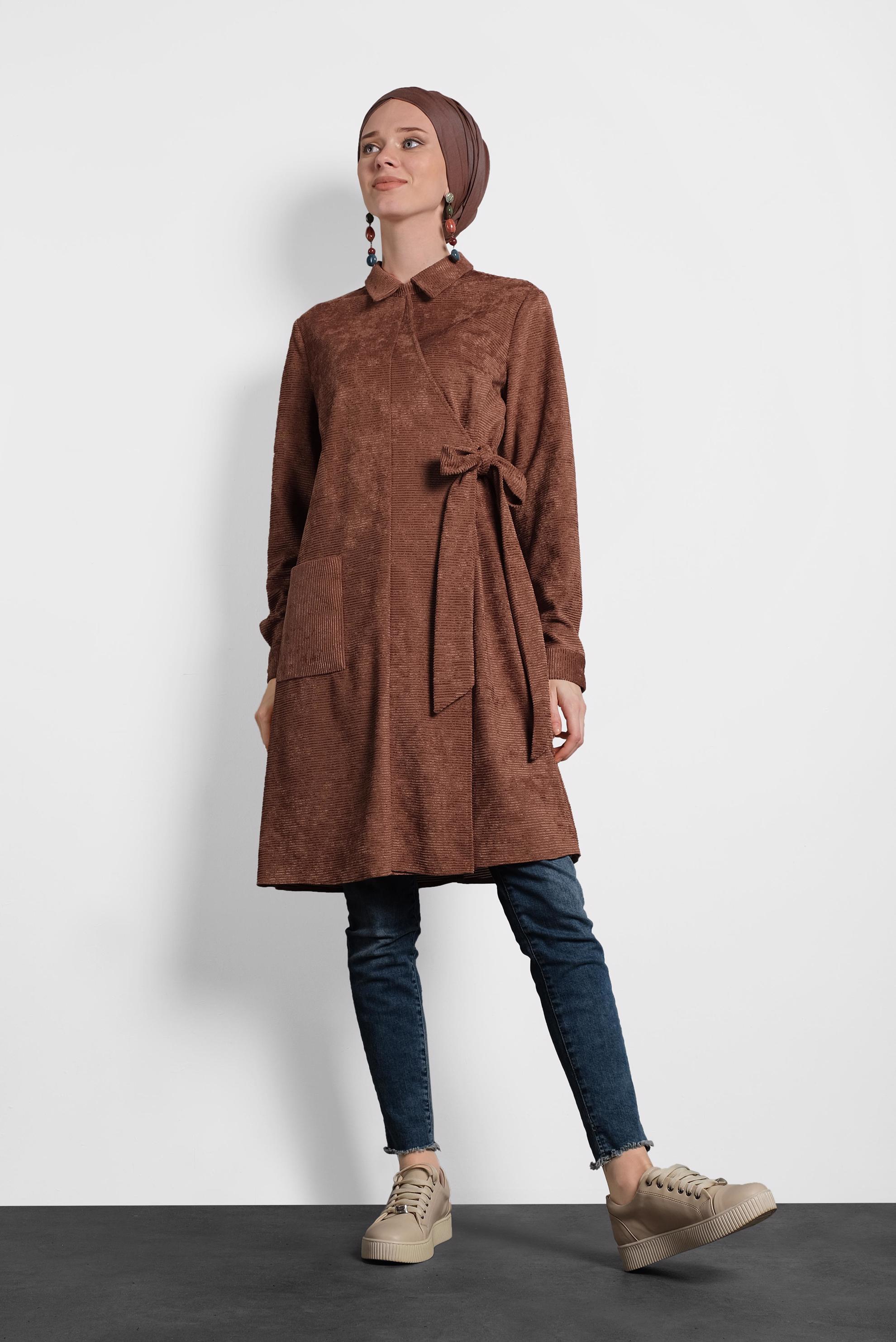 Tesettür giyim TURUNCU ÇAPRAZ KADİFE TUNİK 40282 