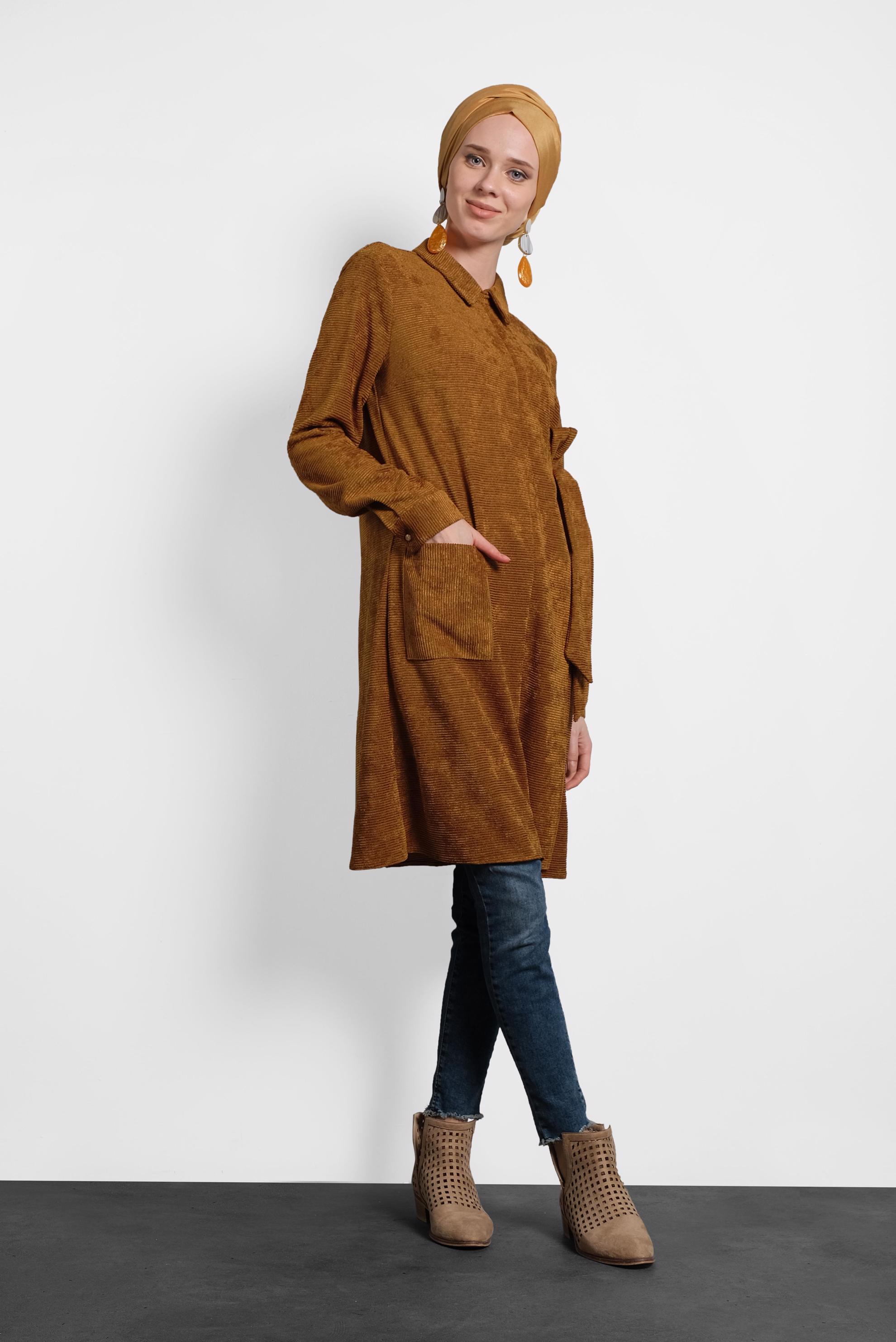 Tesettür giyim TABA ÇAPRAZ KADİFE TUNİK 40282 