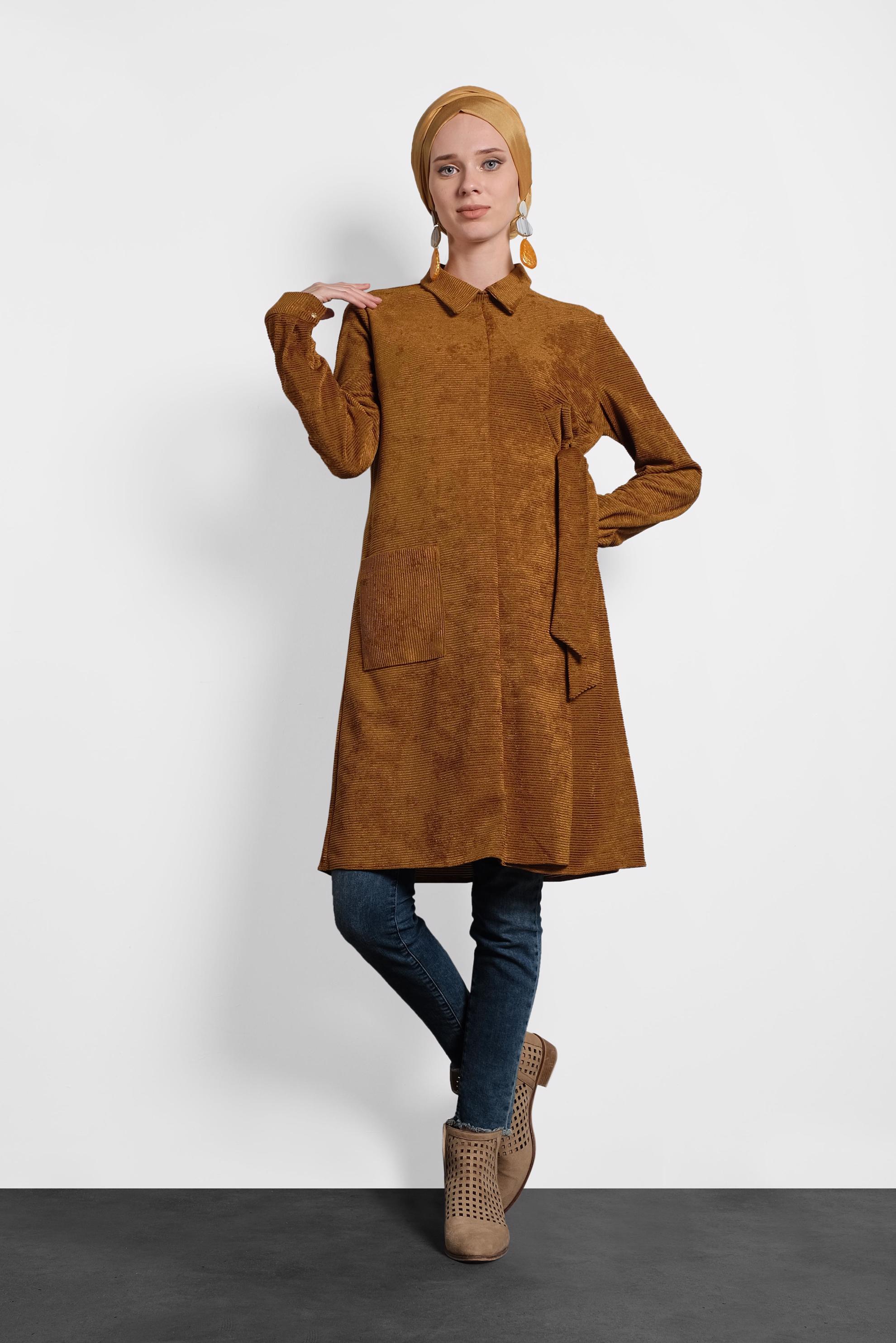 Tesettür giyim TABA ÇAPRAZ KADİFE TUNİK 40282 