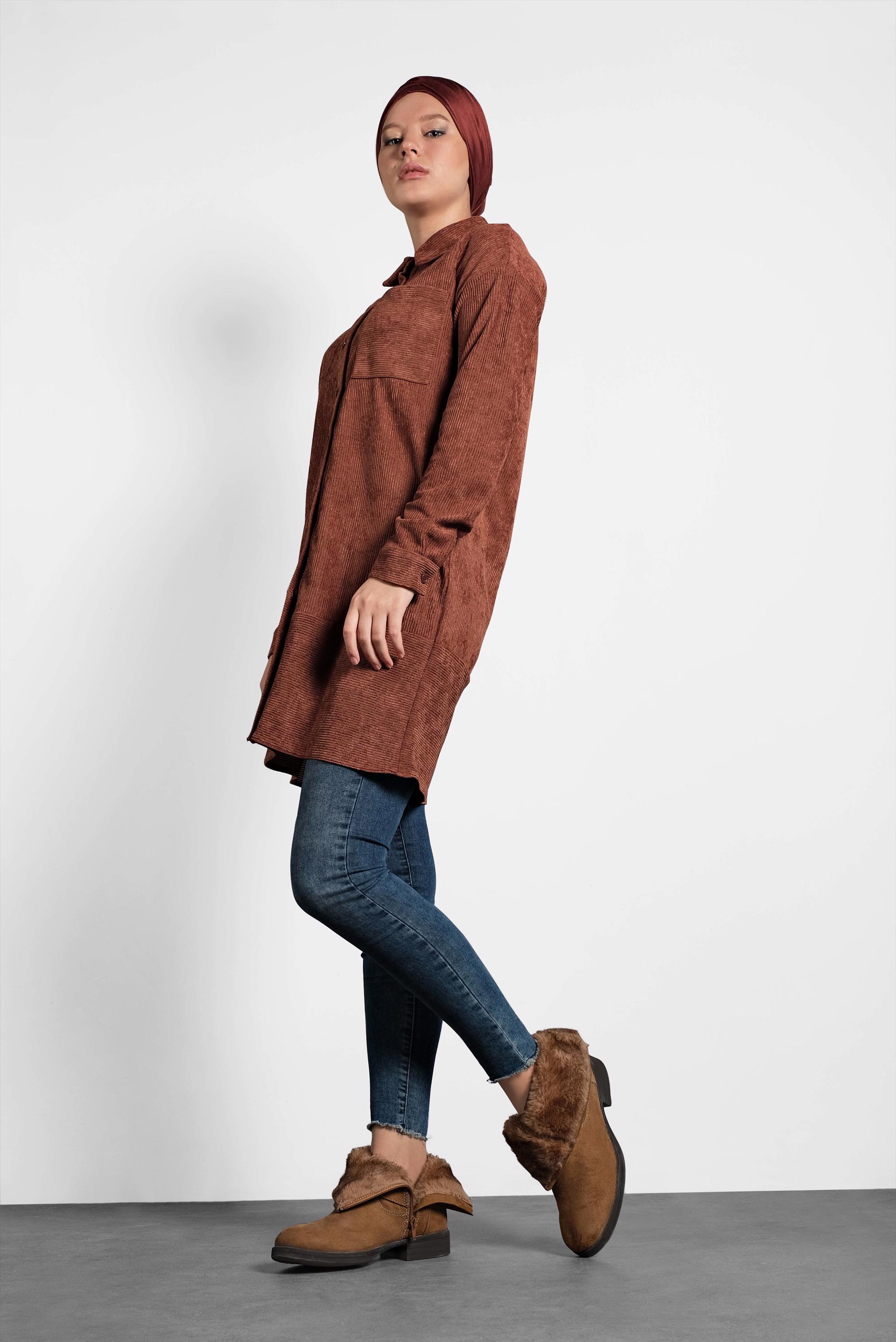 Tesettür giyim TURUNCU KADİFE TUNİK 40283 