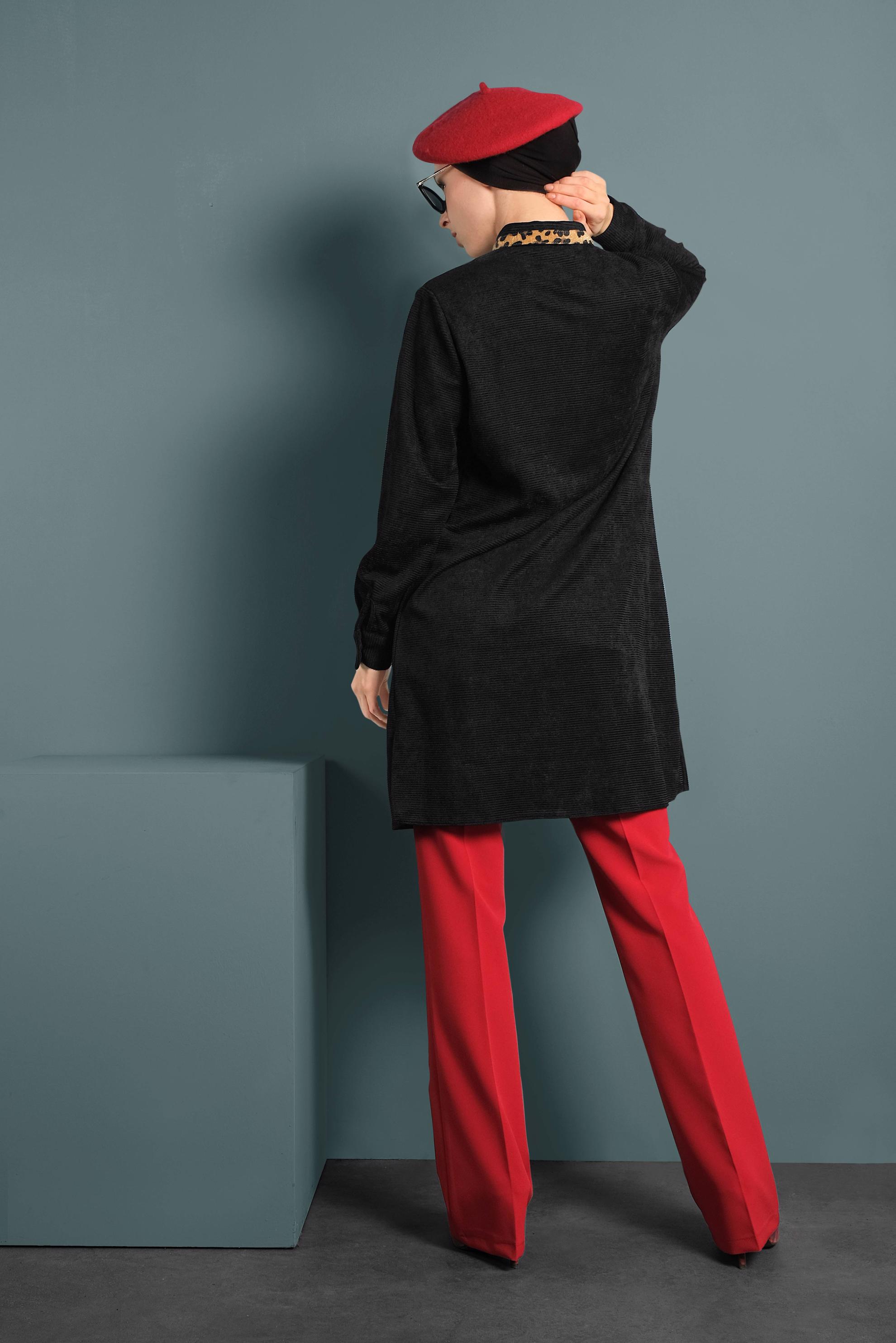 Tesettür giyim SİYAH LEOPAR DESEN DETAYLI ŞÖNİL KADİFE TUNİK 40284 