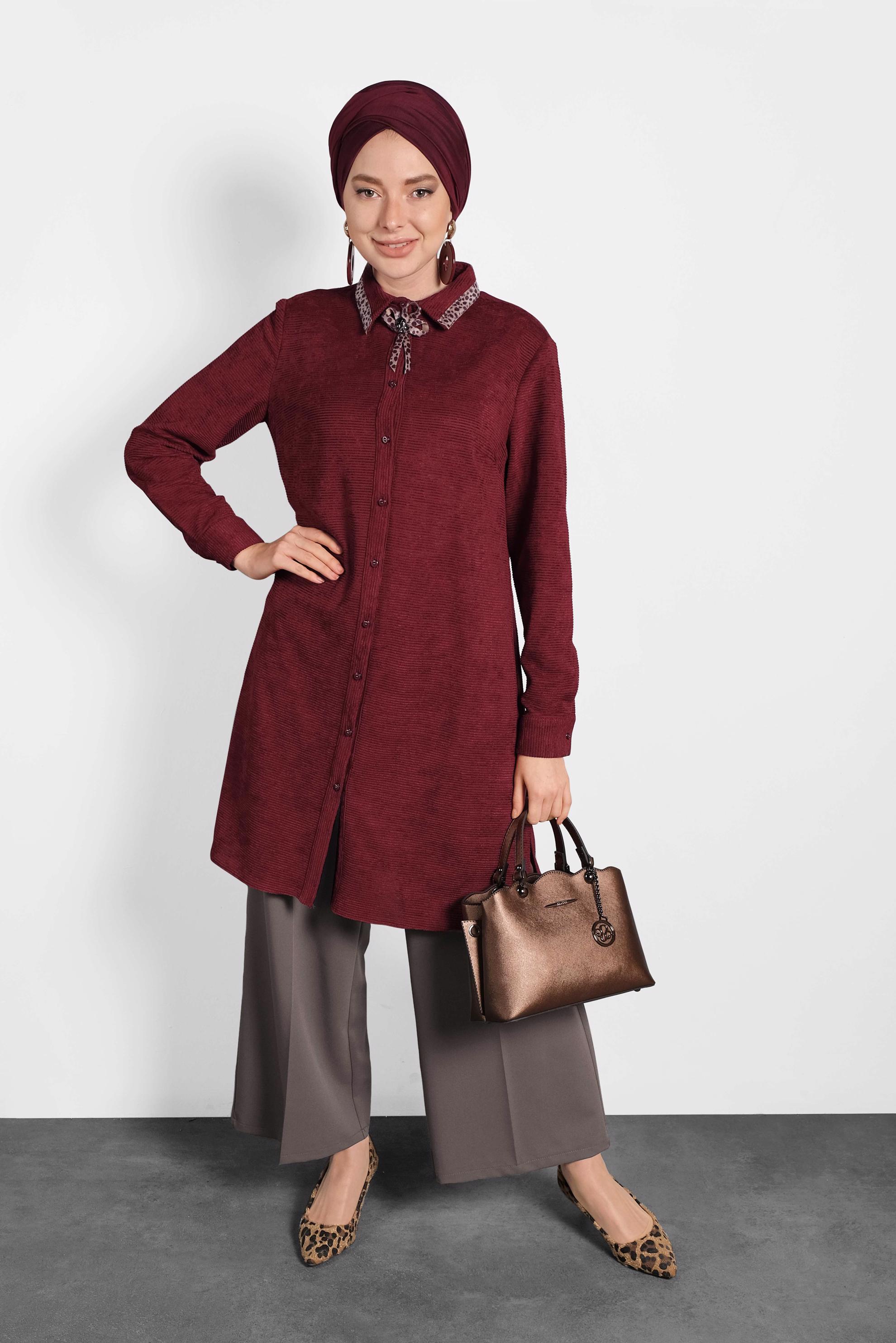 Tesettür giyim BORDO LEOPAR DESEN DETAYLI ŞÖNİL KADİFE TUNİK 40284 