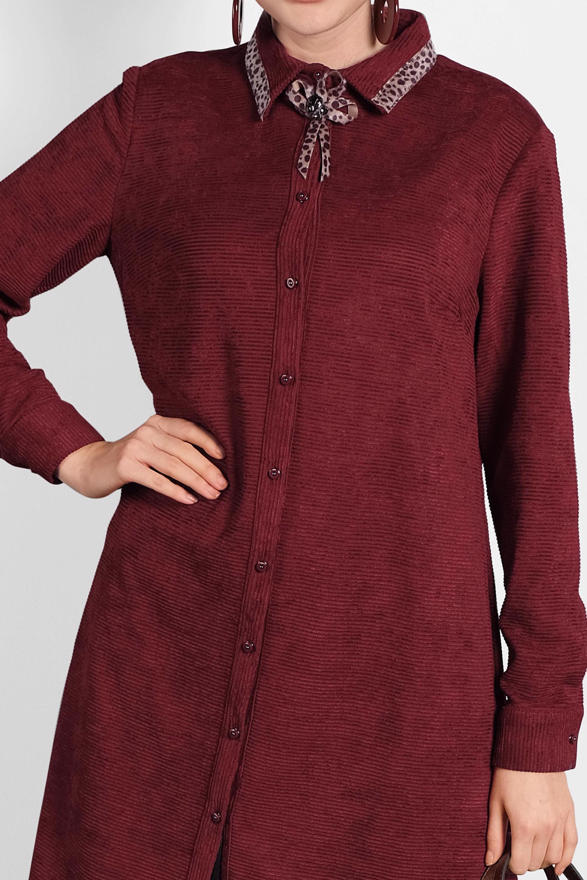 Tesettür giyim BORDO LEOPAR DESEN DETAYLI ŞÖNİL KADİFE TUNİK 40284 