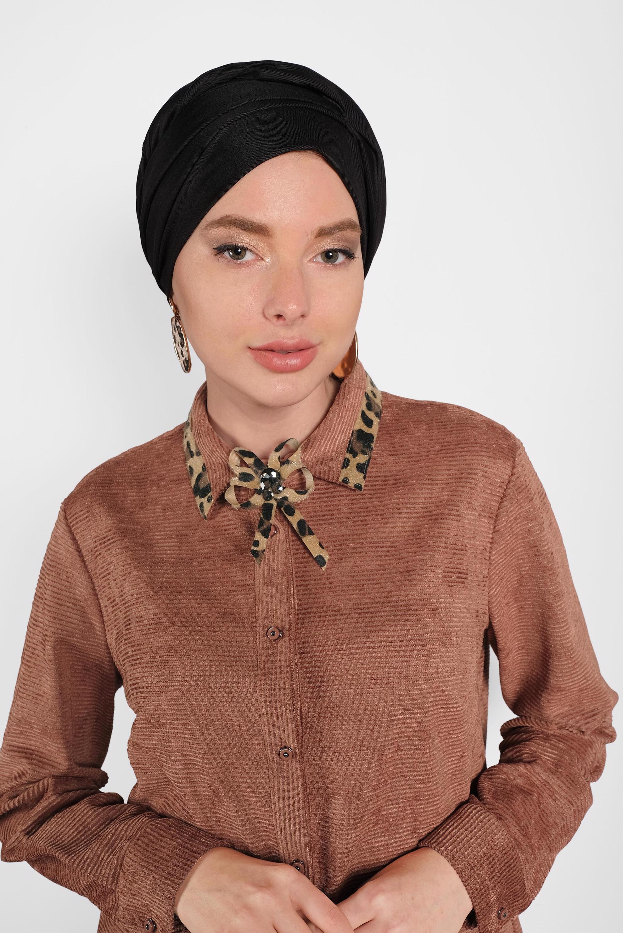 Tesettür giyim TURUNCU LEOPAR DESEN DETAYLI ŞÖNİL KADİFE TUNİK 40284 