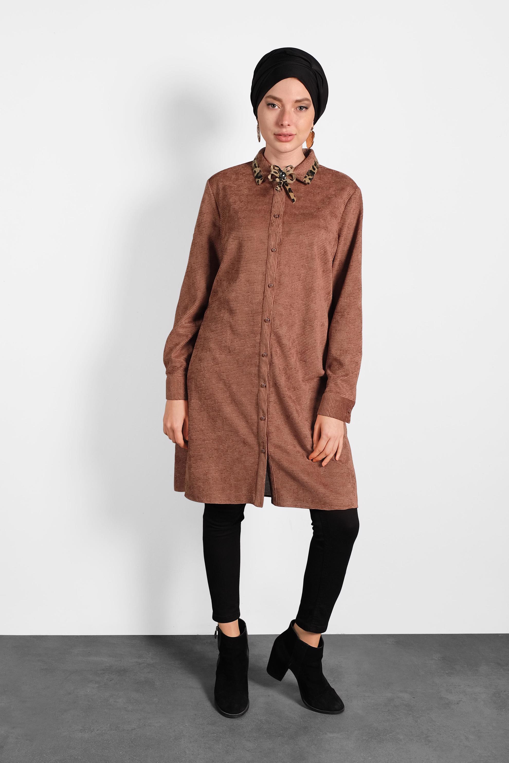 Tesettür giyim TURUNCU LEOPAR DESEN DETAYLI ŞÖNİL KADİFE TUNİK 40284 