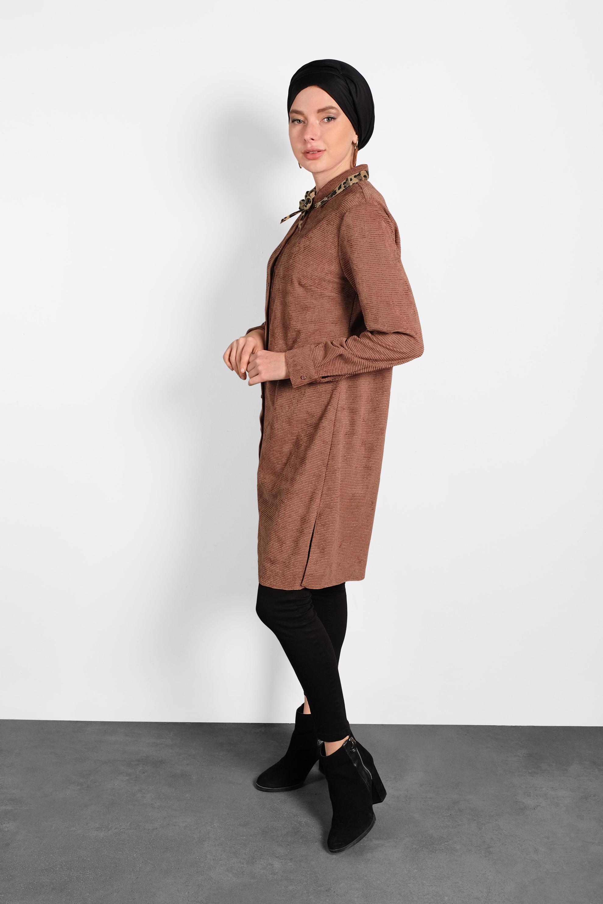 Tesettür giyim TURUNCU LEOPAR DESEN DETAYLI ŞÖNİL KADİFE TUNİK 40284 