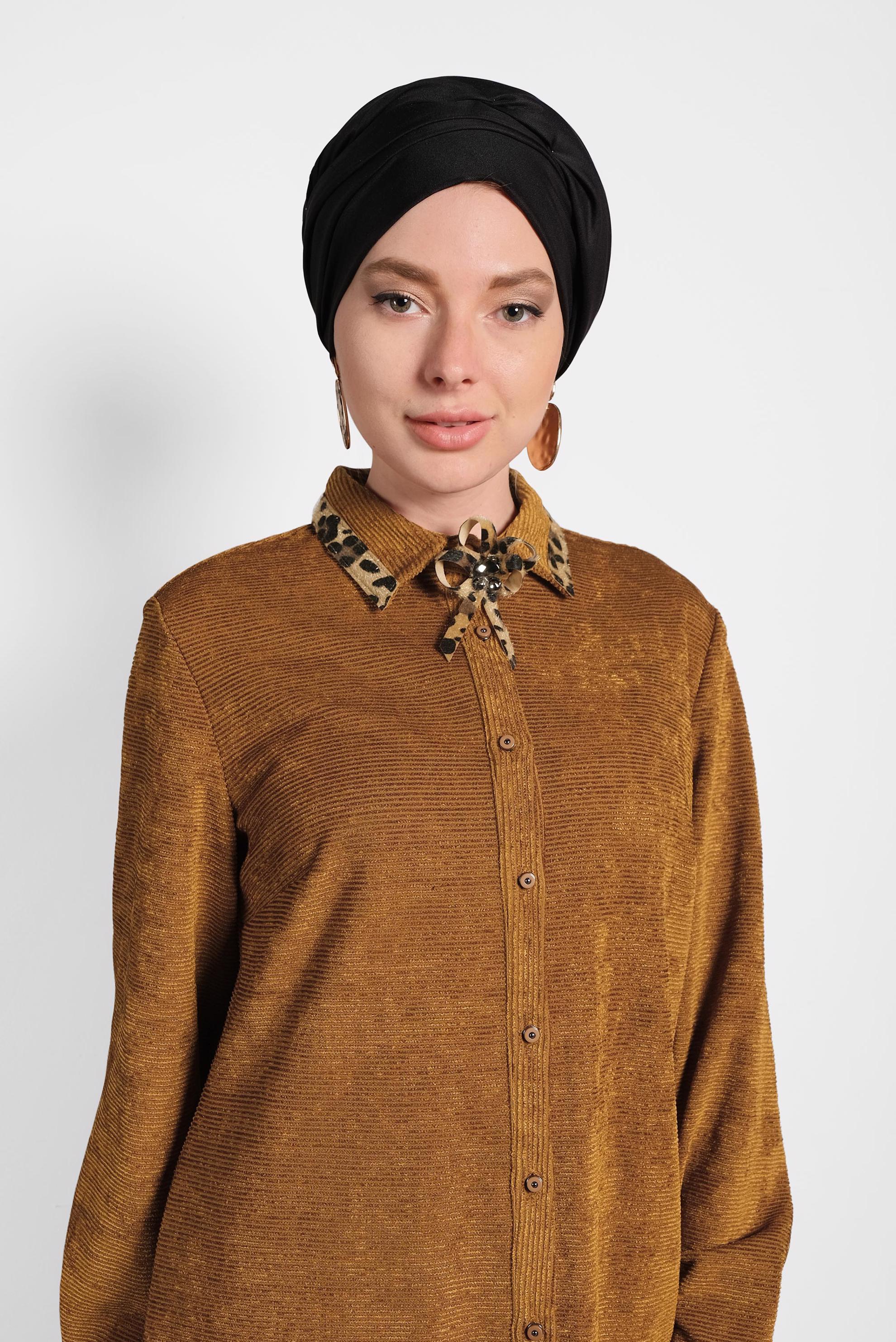 Tesettür giyim TABA LEOPAR DESEN DETAYLI ŞÖNİL KADİFE TUNİK 40284 