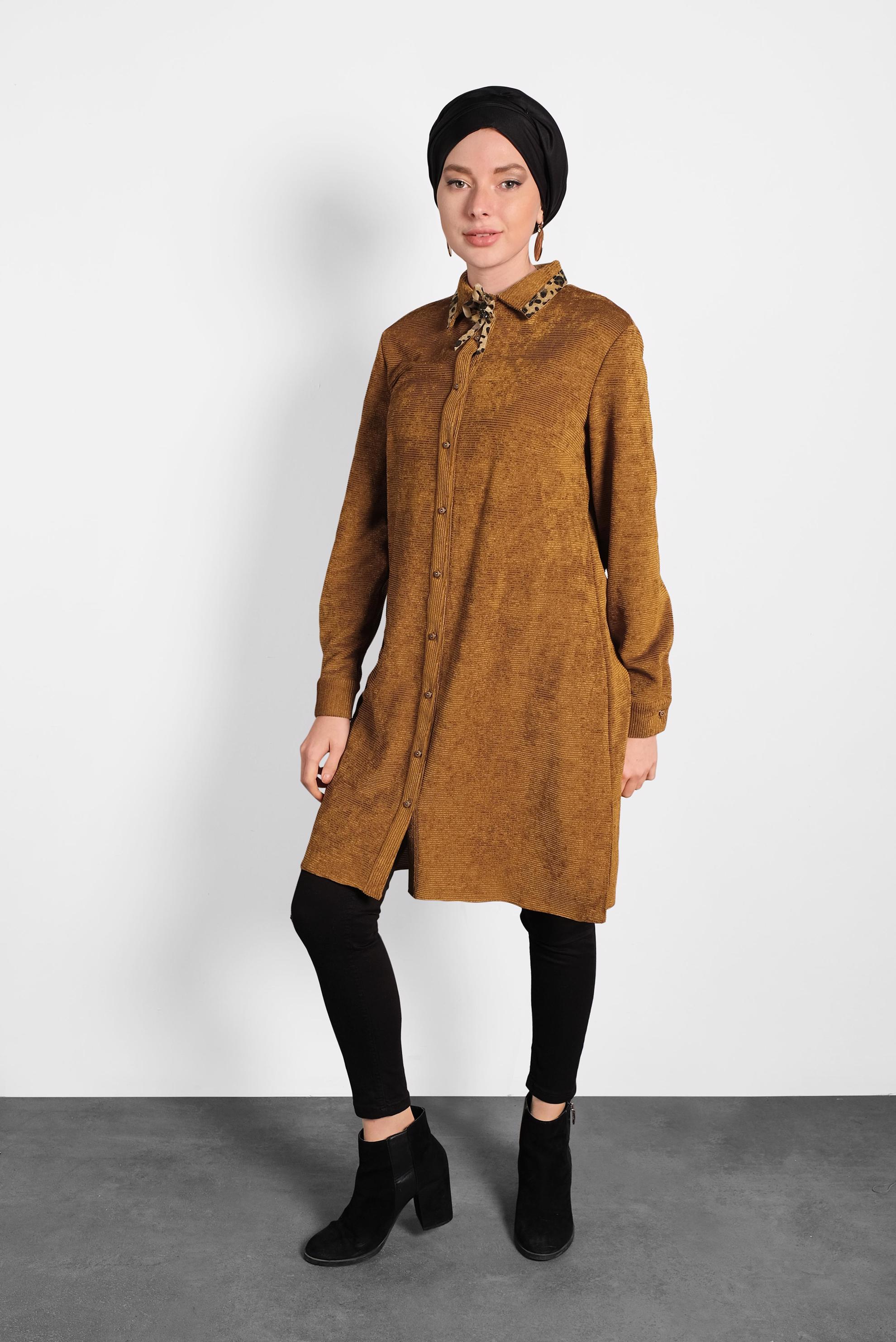 Tesettür giyim TABA LEOPAR DESEN DETAYLI ŞÖNİL KADİFE TUNİK 40284 