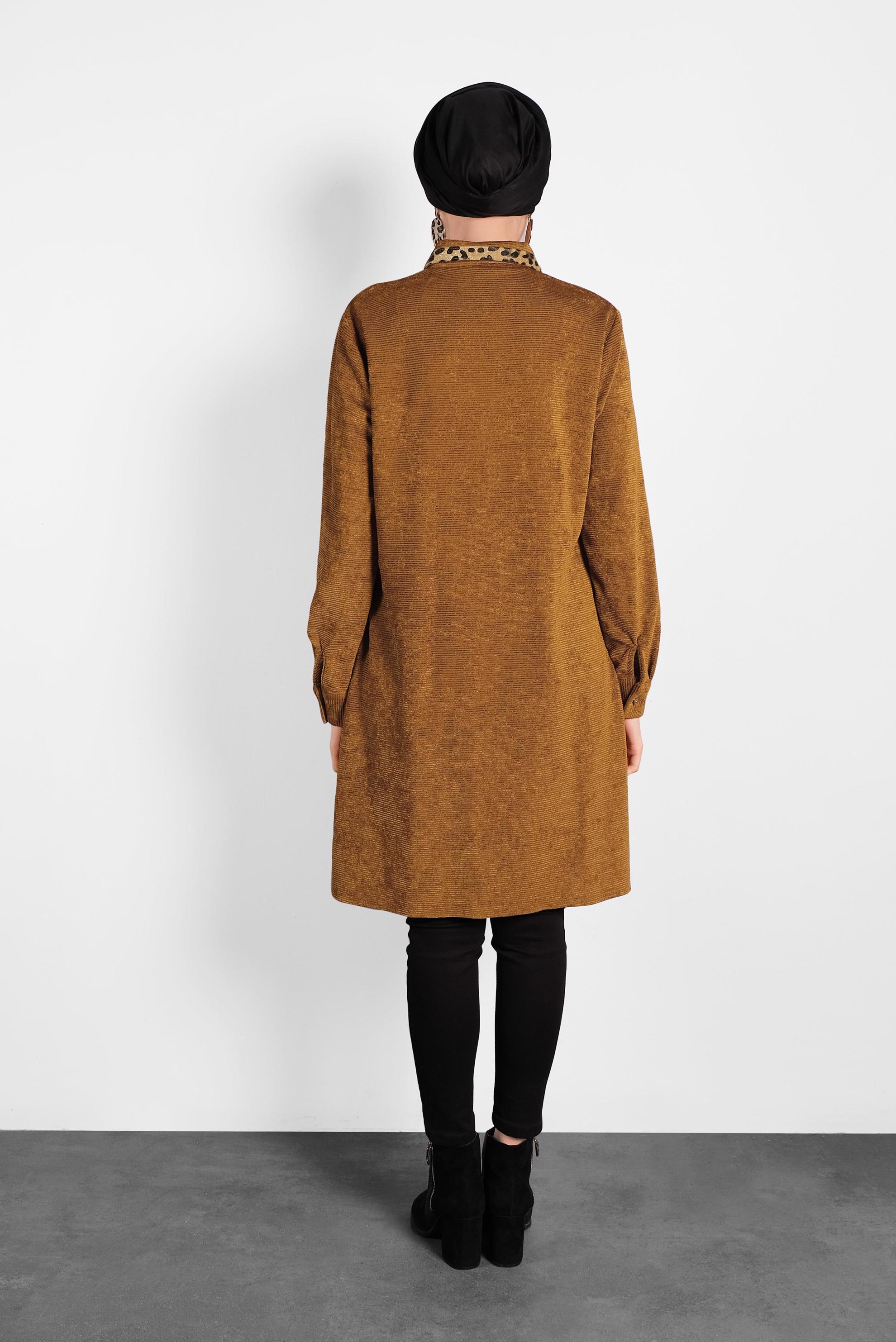 Tesettür giyim TABA LEOPAR DESEN DETAYLI ŞÖNİL KADİFE TUNİK 40284 