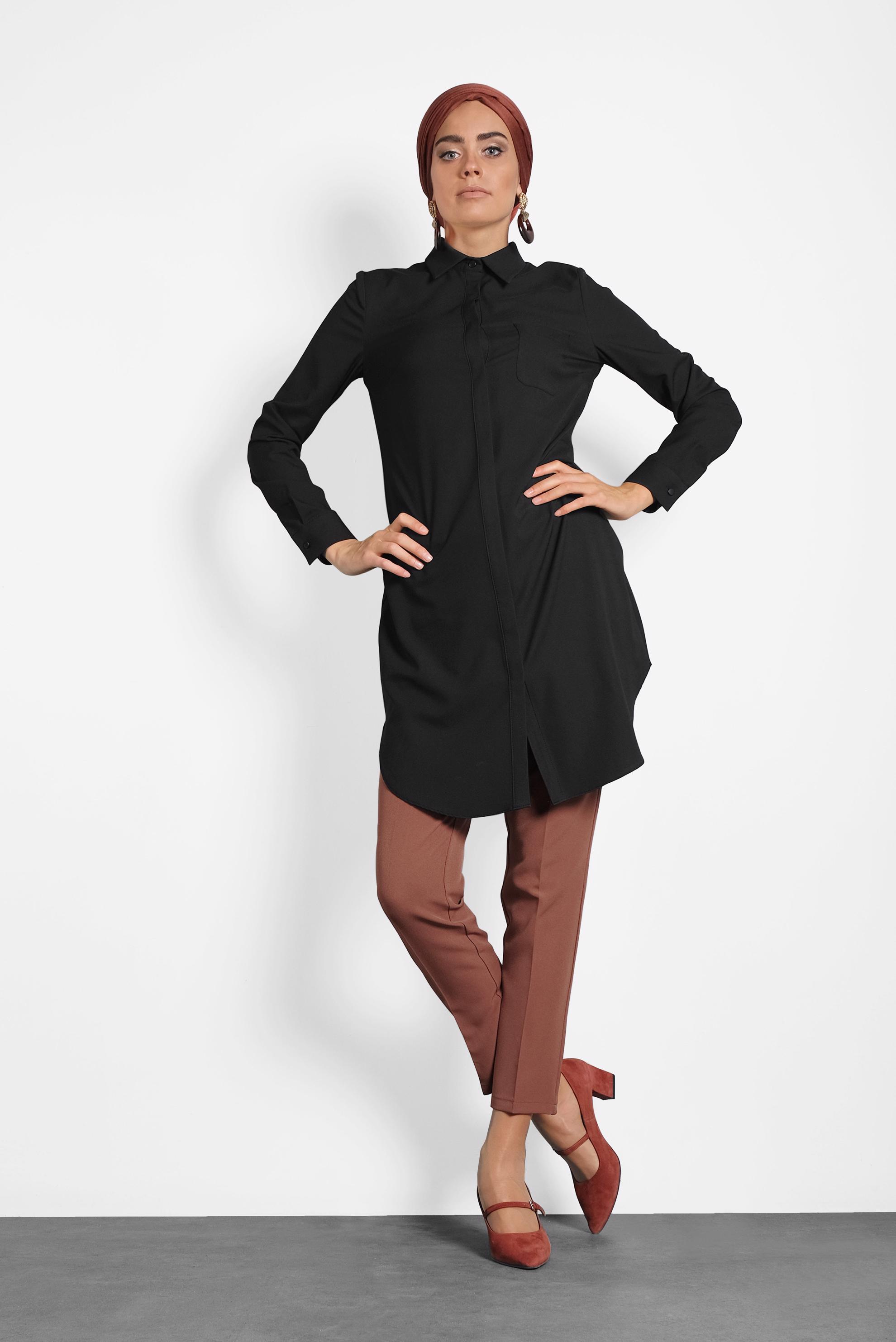 Tesettür giyim SİYAH CEPLİ GÖMLEK TUNİK 40304 