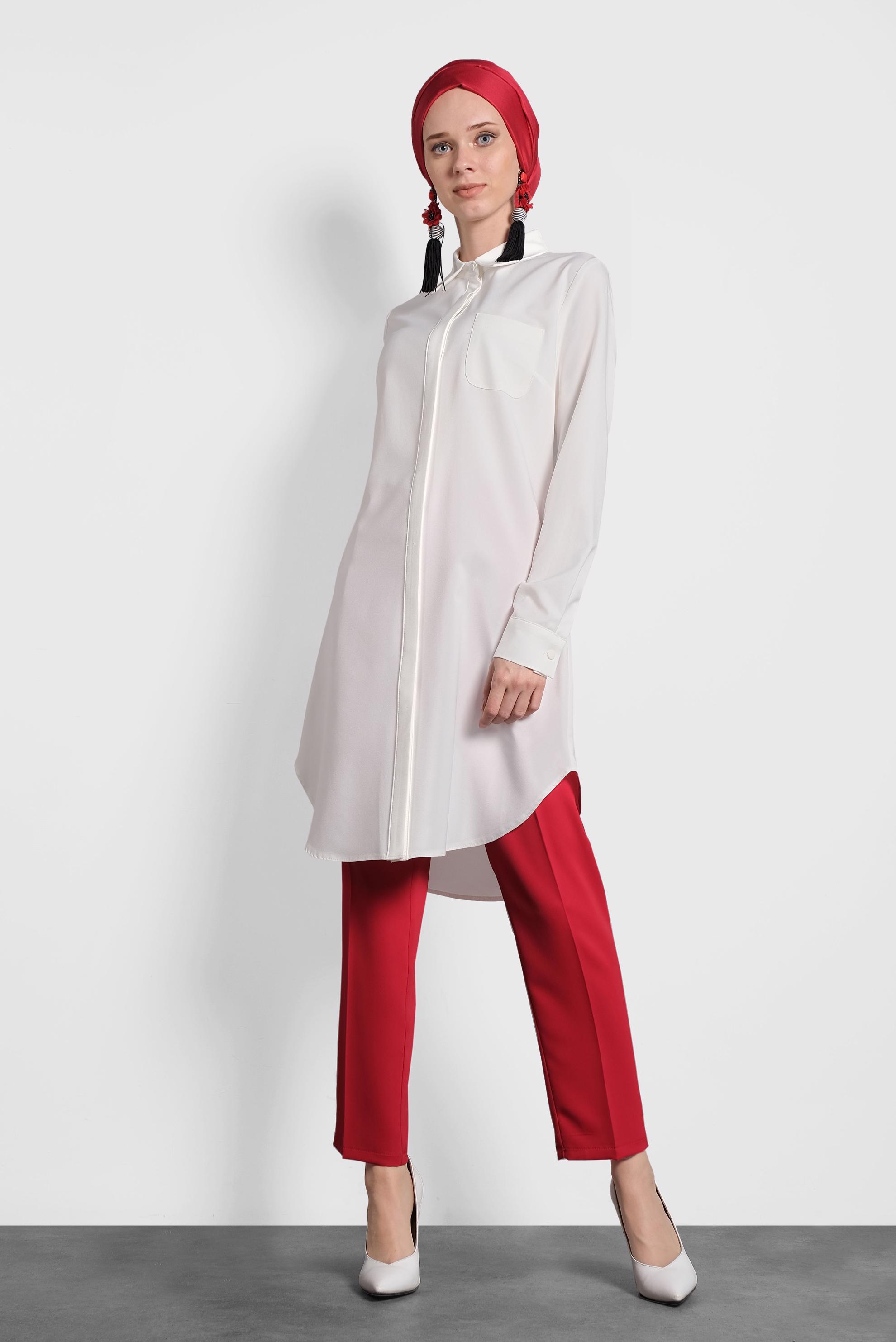 Tesettür giyim BEYAZ CEPLİ GÖMLEK TUNİK 40304 