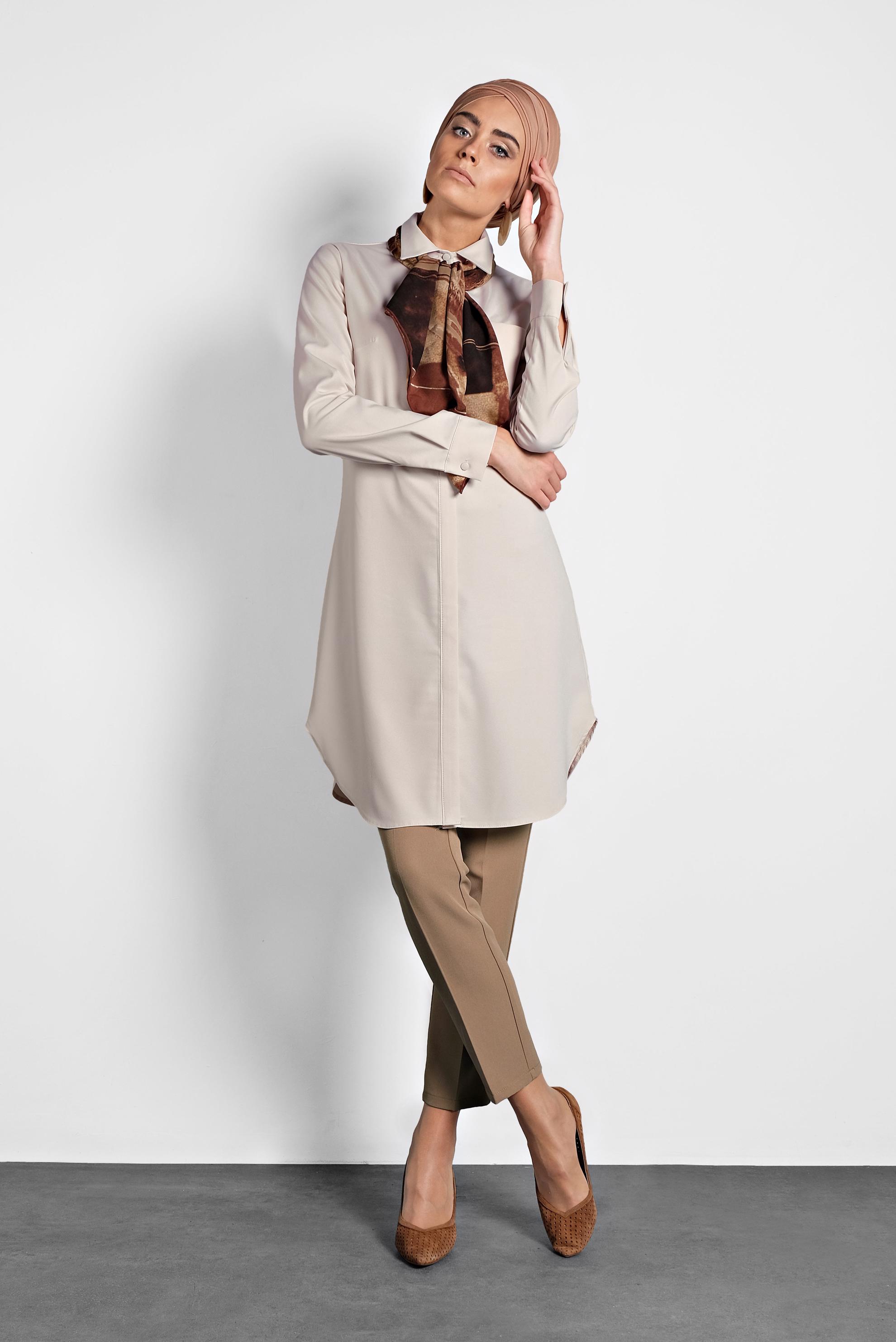 Tesettür giyim BEJ CEPLİ GÖMLEK TUNİK 40304 