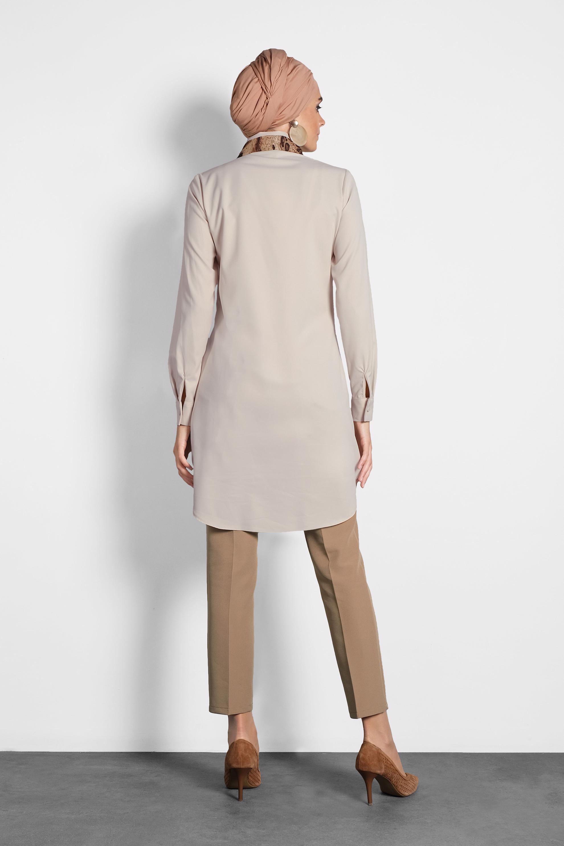 Tesettür giyim BEJ CEPLİ GÖMLEK TUNİK 40304 