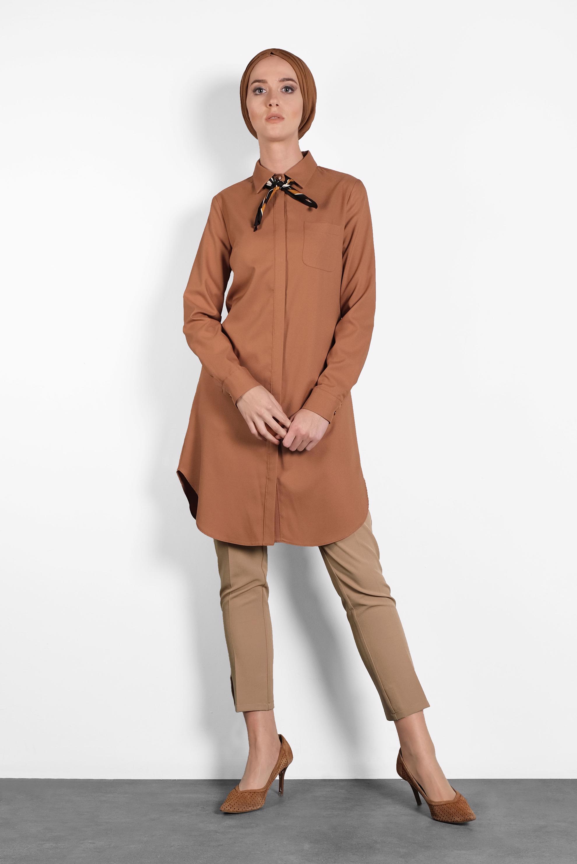 Tesettür giyim TABA CEPLİ GÖMLEK TUNİK 40304 