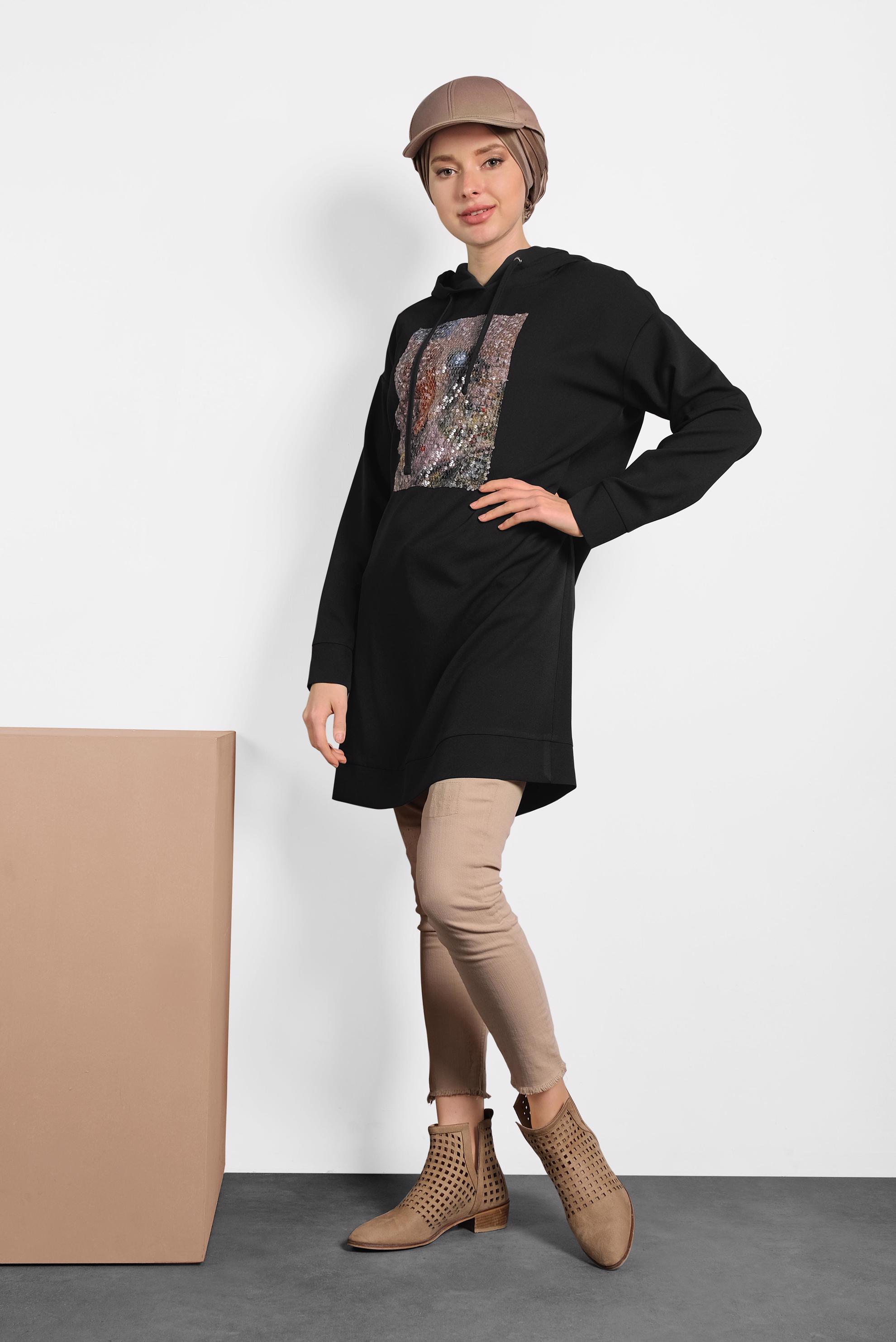 Tesettür giyim SİYAH PULLU KAPÜŞONLU TUNİK 40307