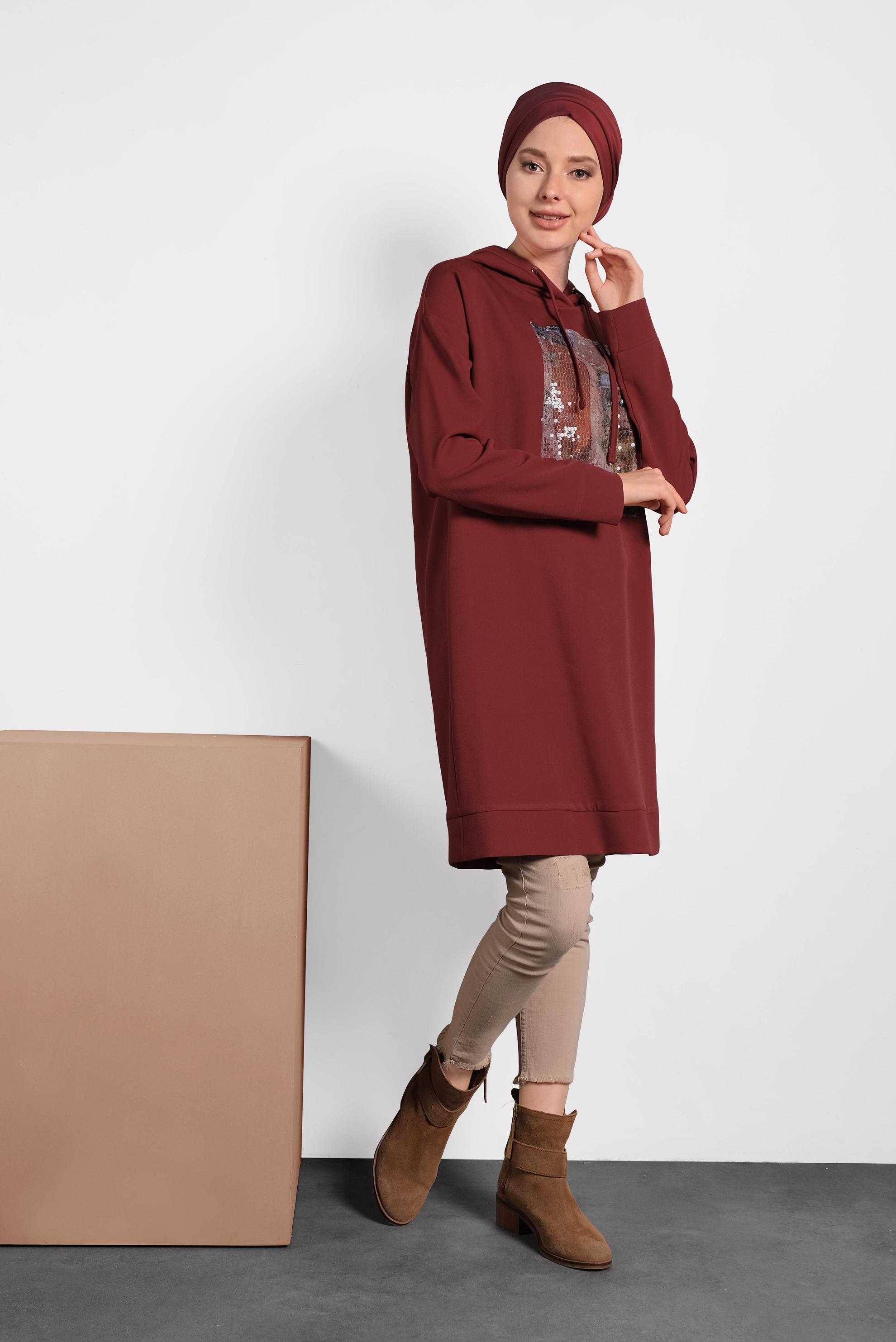 Tesettür giyim BORDO PULLU KAPÜŞONLU TUNİK 40307