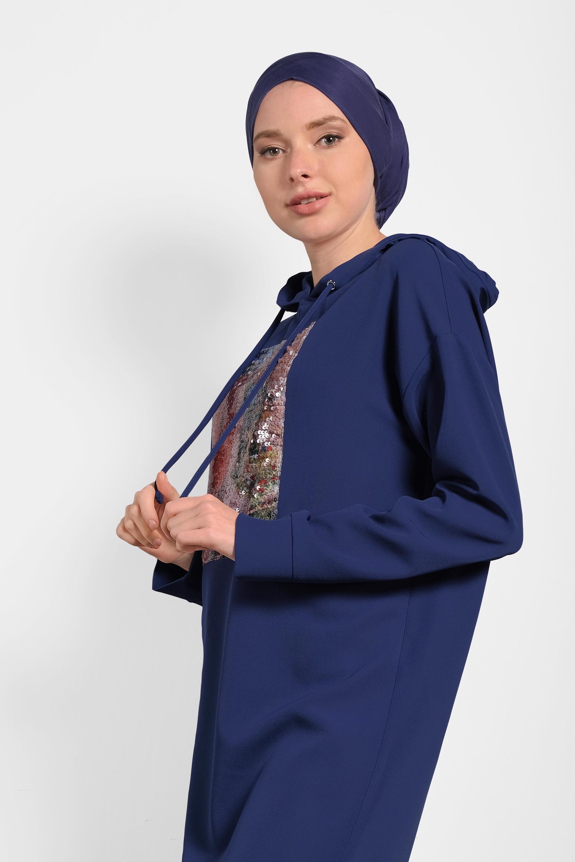 Tesettür giyim LACİVERT PULLU KAPÜŞONLU TUNİK 40307