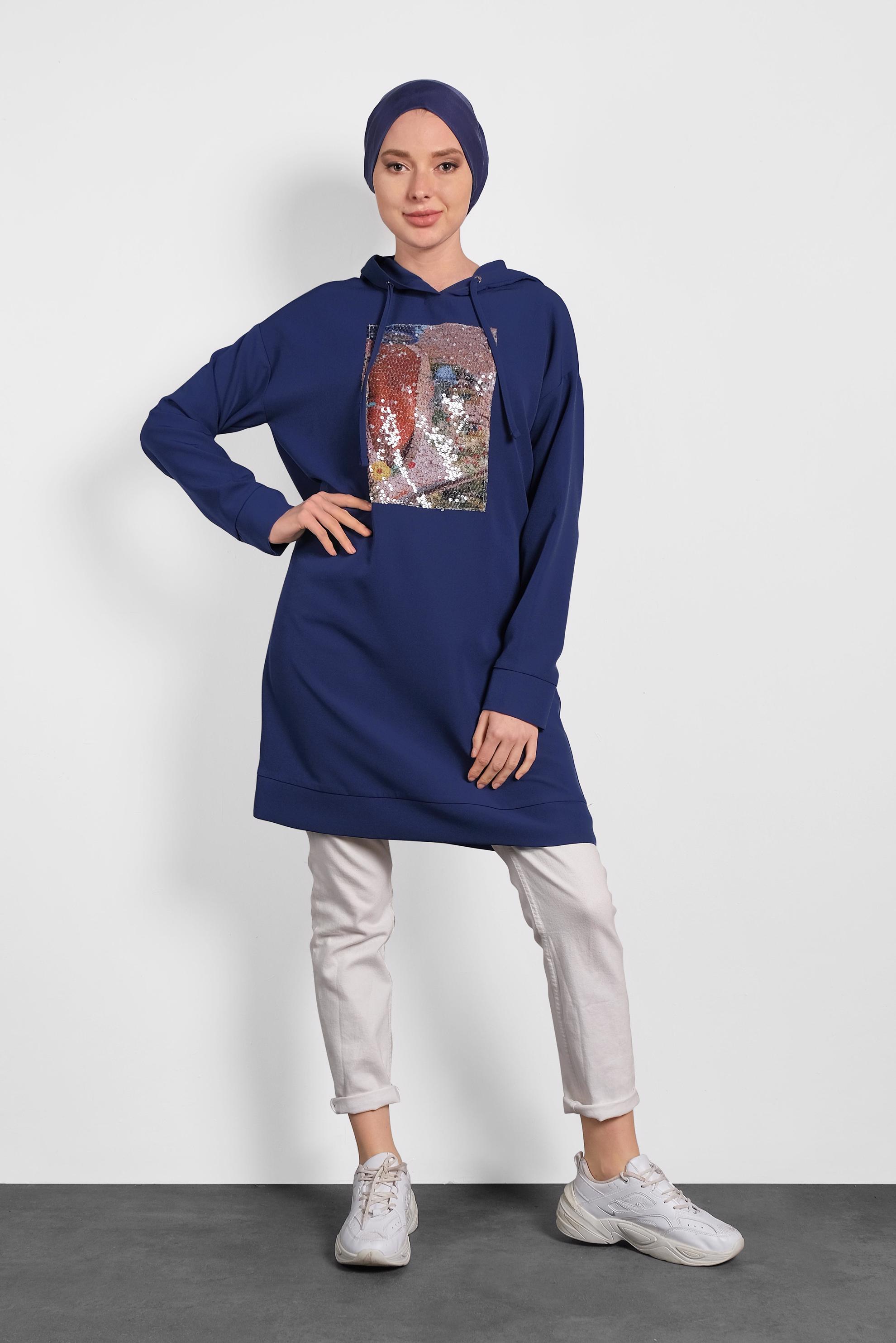 Tesettür giyim LACİVERT PULLU KAPÜŞONLU TUNİK 40307