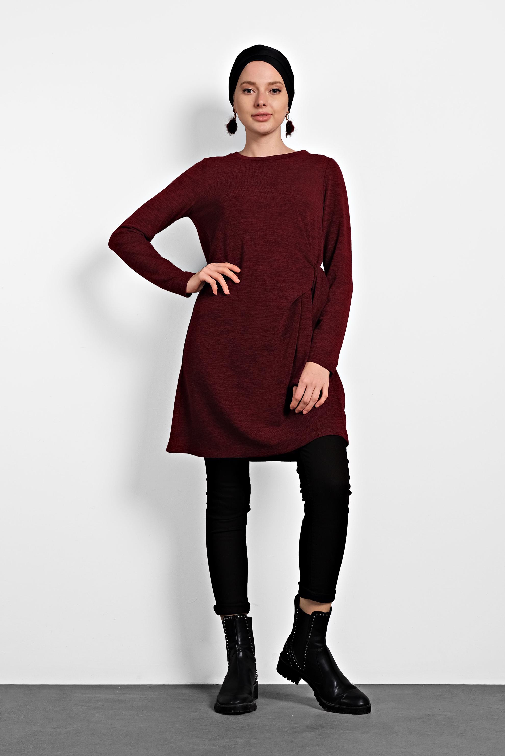 Tesettür giyim BORDO BAĞLAMA DETAYLI TUNİK 40313