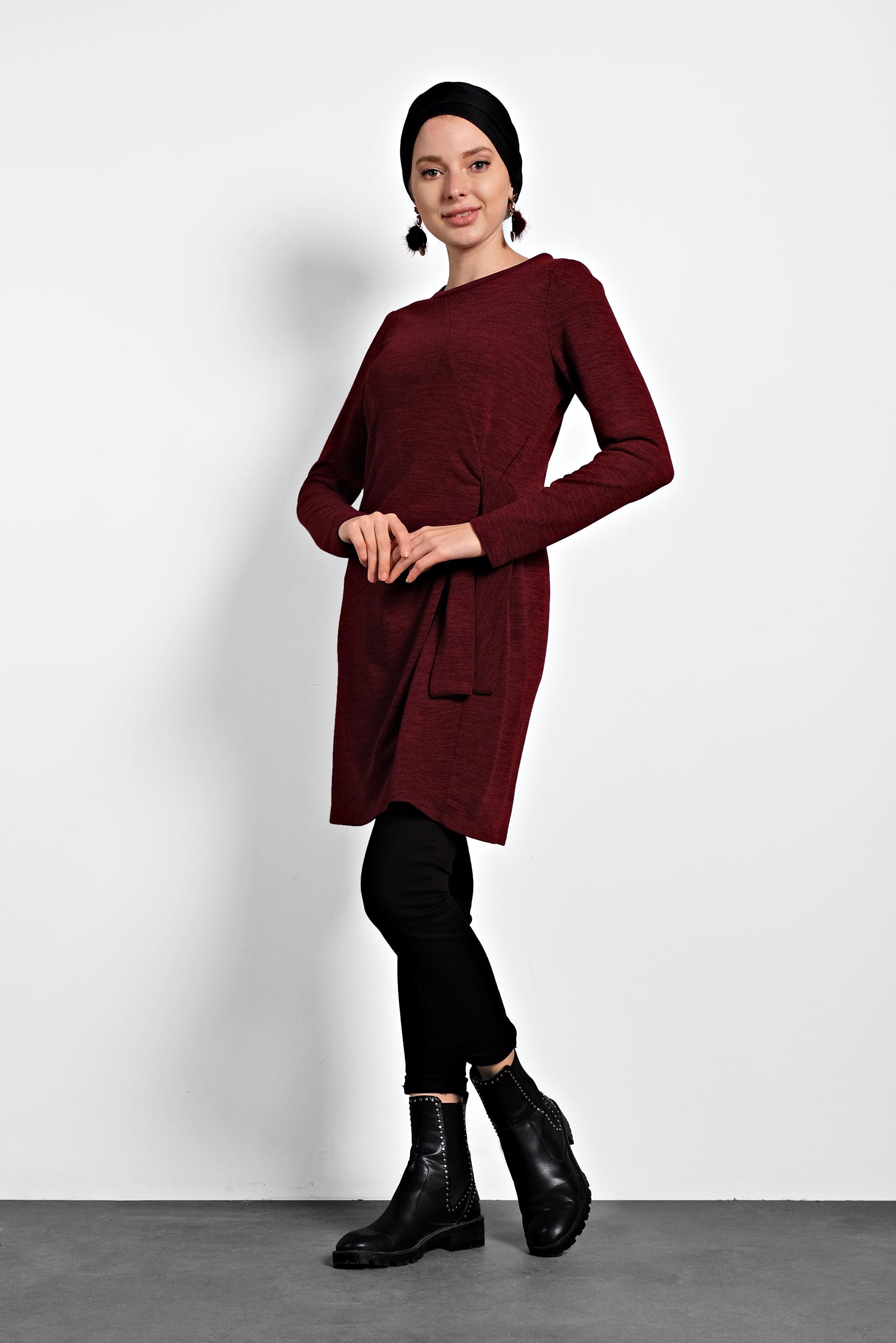 Tesettür giyim BORDO BAĞLAMA DETAYLI TUNİK 40313