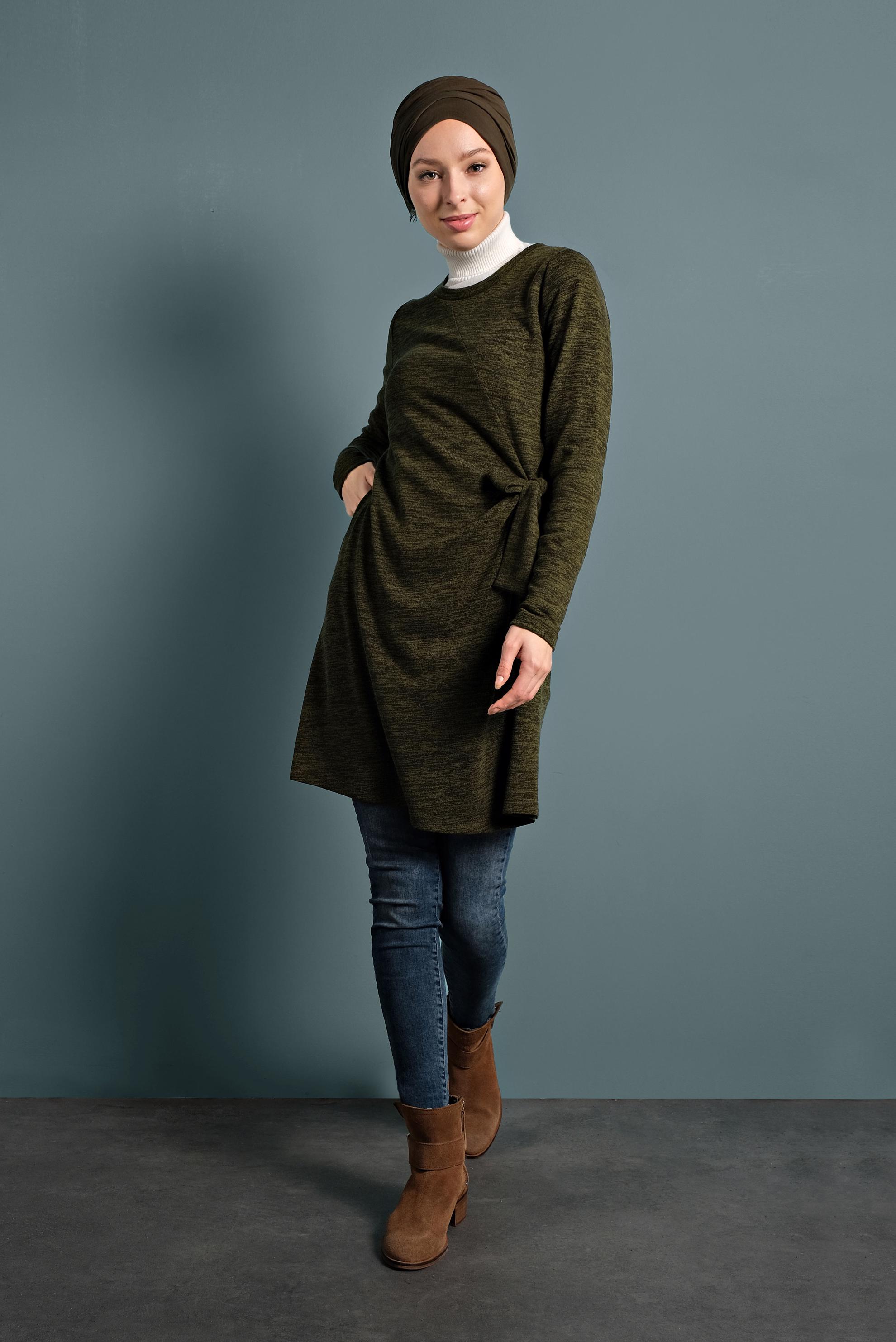 Tesettür giyim HAKİ BAĞLAMA DETAYLI TUNİK 40313