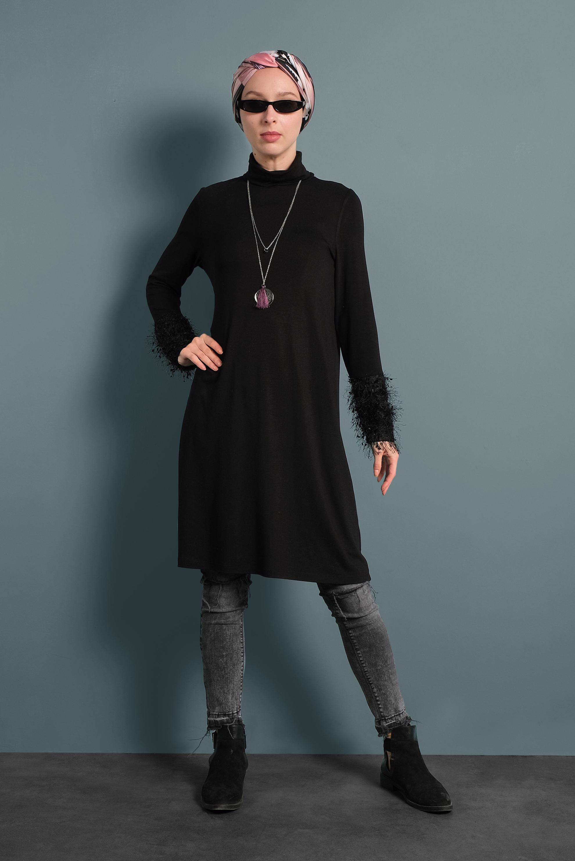 Tesettür giyim SİYAH KOLLARI SAÇAKLI TUNİK 40314 