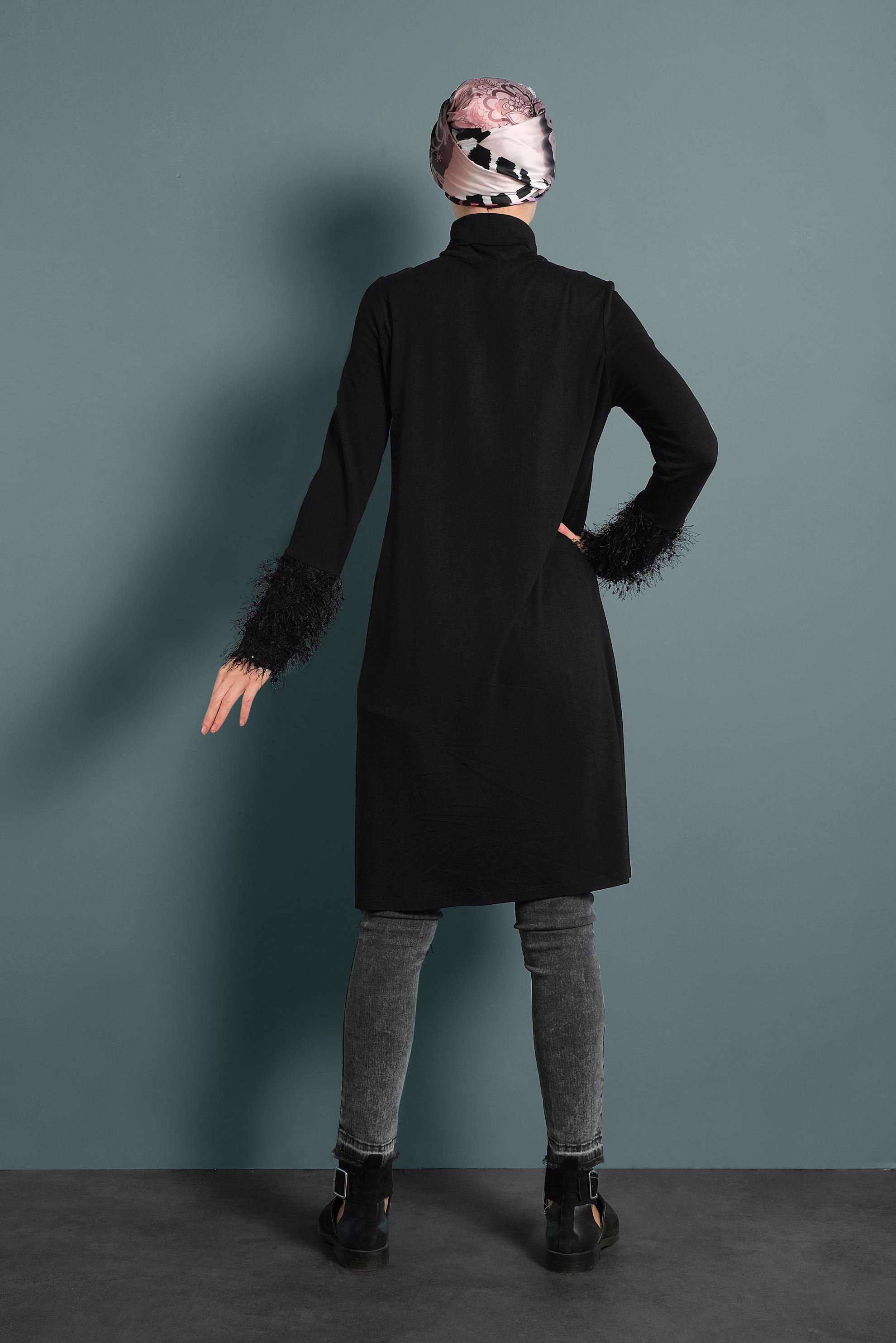 Tesettür giyim SİYAH KOLLARI SAÇAKLI TUNİK 40314 