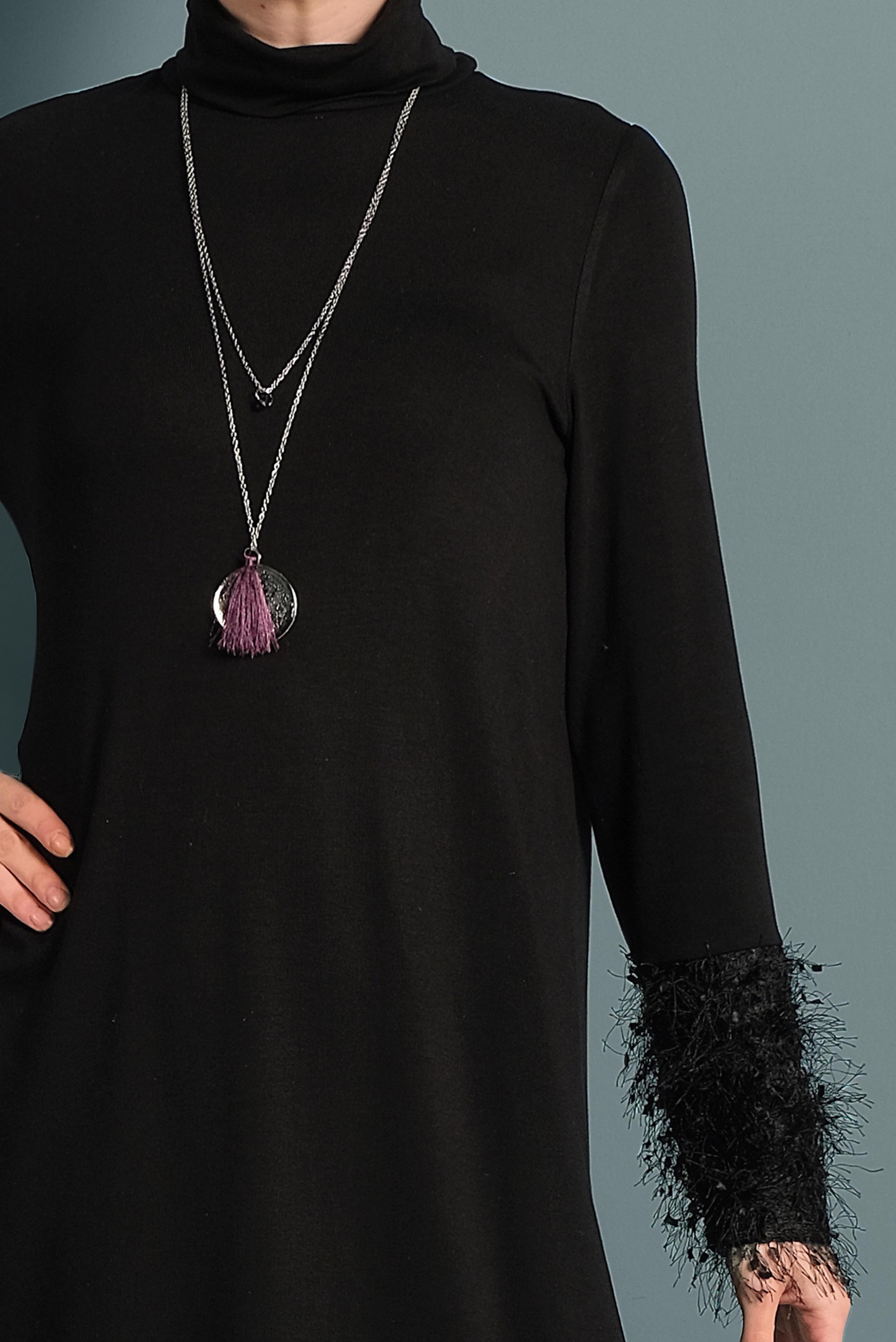 Tesettür giyim SİYAH KOLLARI SAÇAKLI TUNİK 40314 