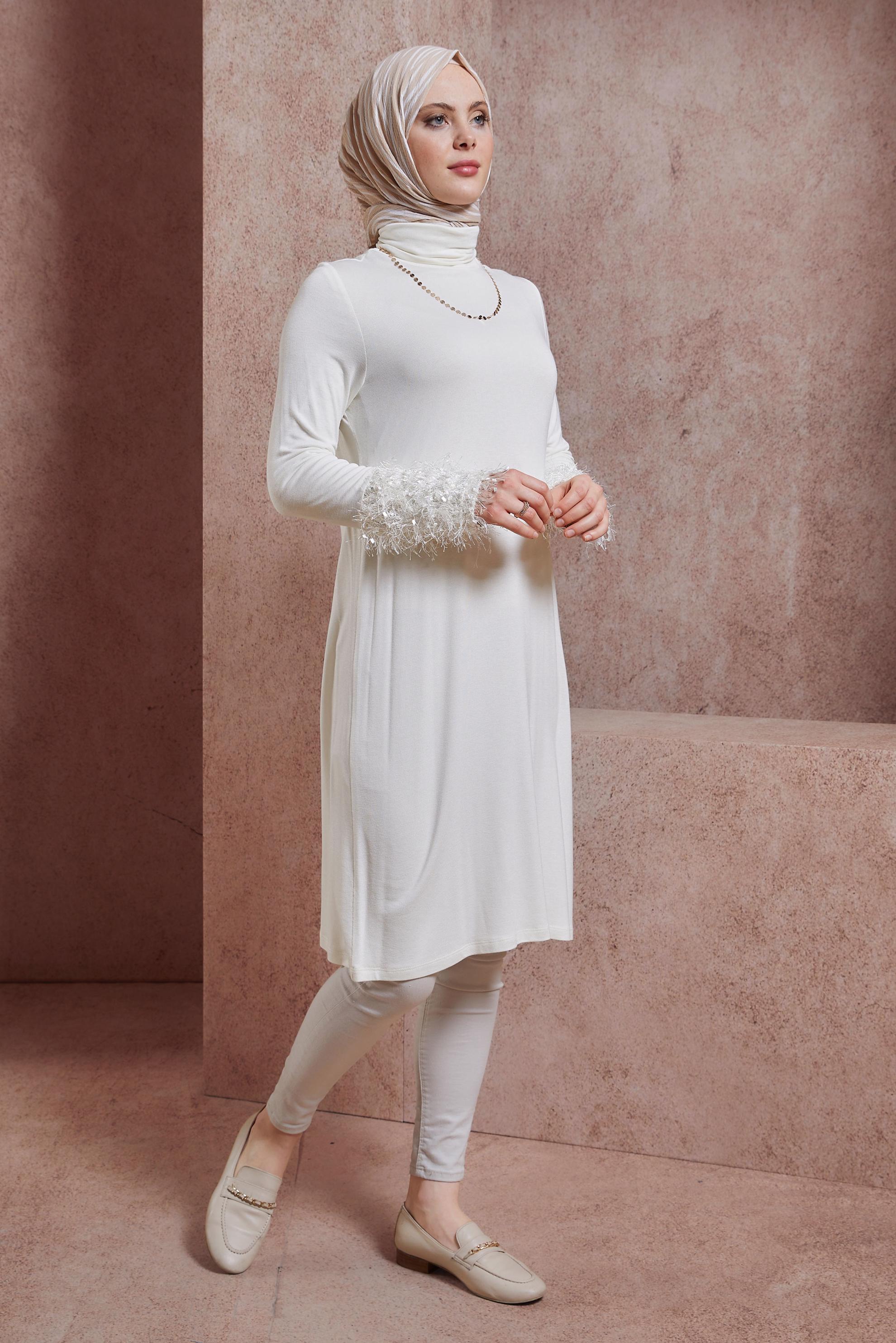 Tesettür giyim BEYAZ KOLLARI SAÇAKLI TUNİK 40314 